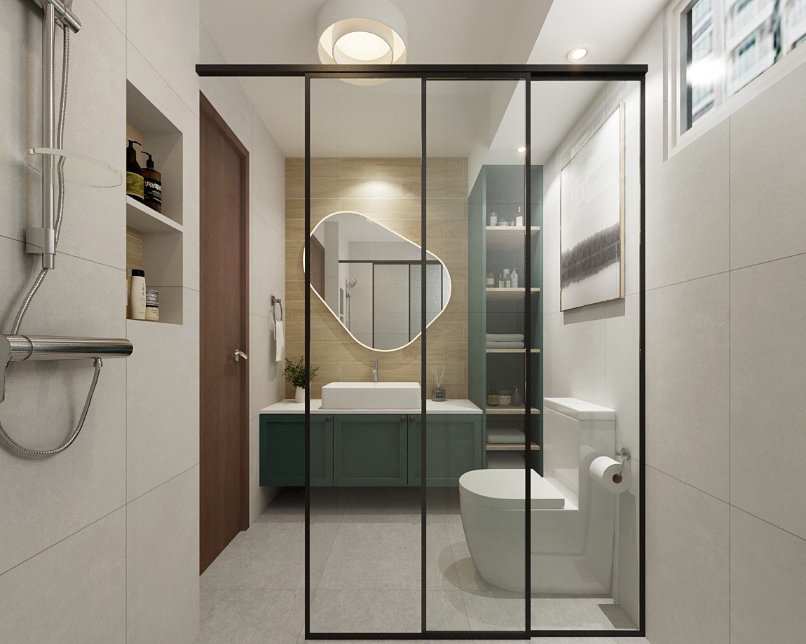 Our Render vs. Reality: 5-Room Resale - Modern minimalist bathroom, sleek design, contemporary decor, large mirror, glass