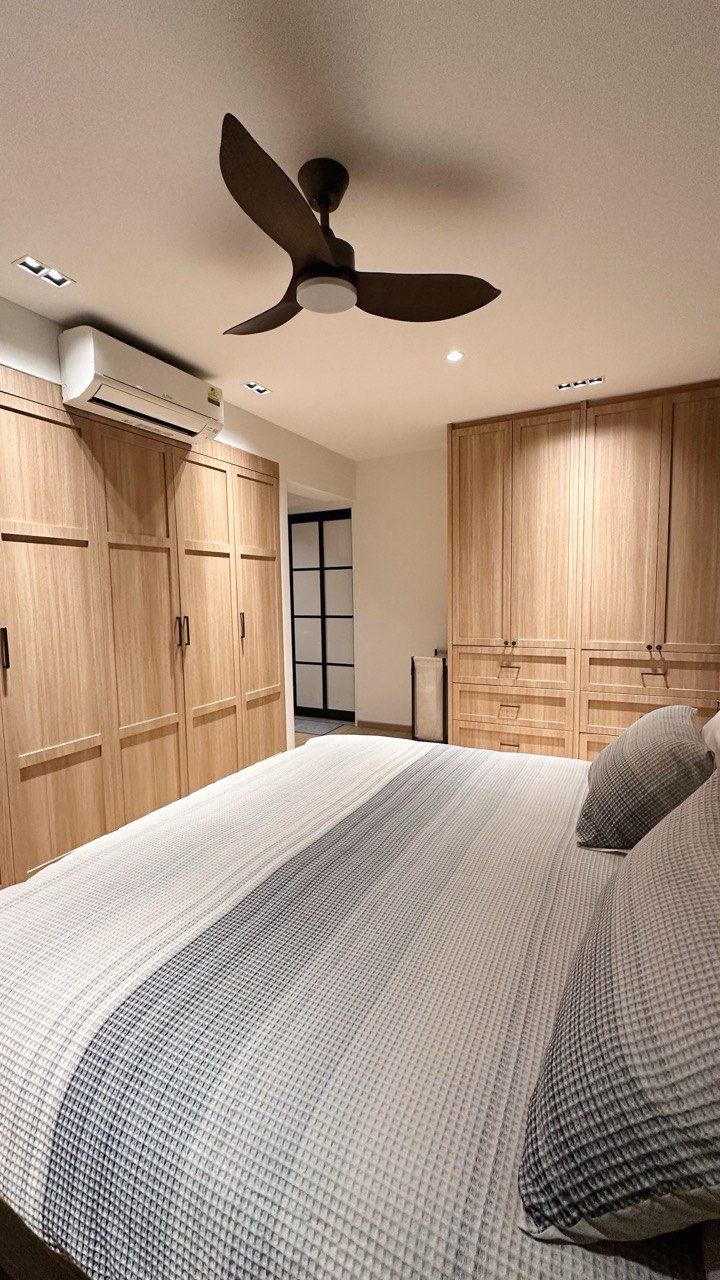 Our Render vs. Reality: 5-Room Resale - Wooden cabinetry, ceiling fan, recessed lighting, modern design, light wood finish