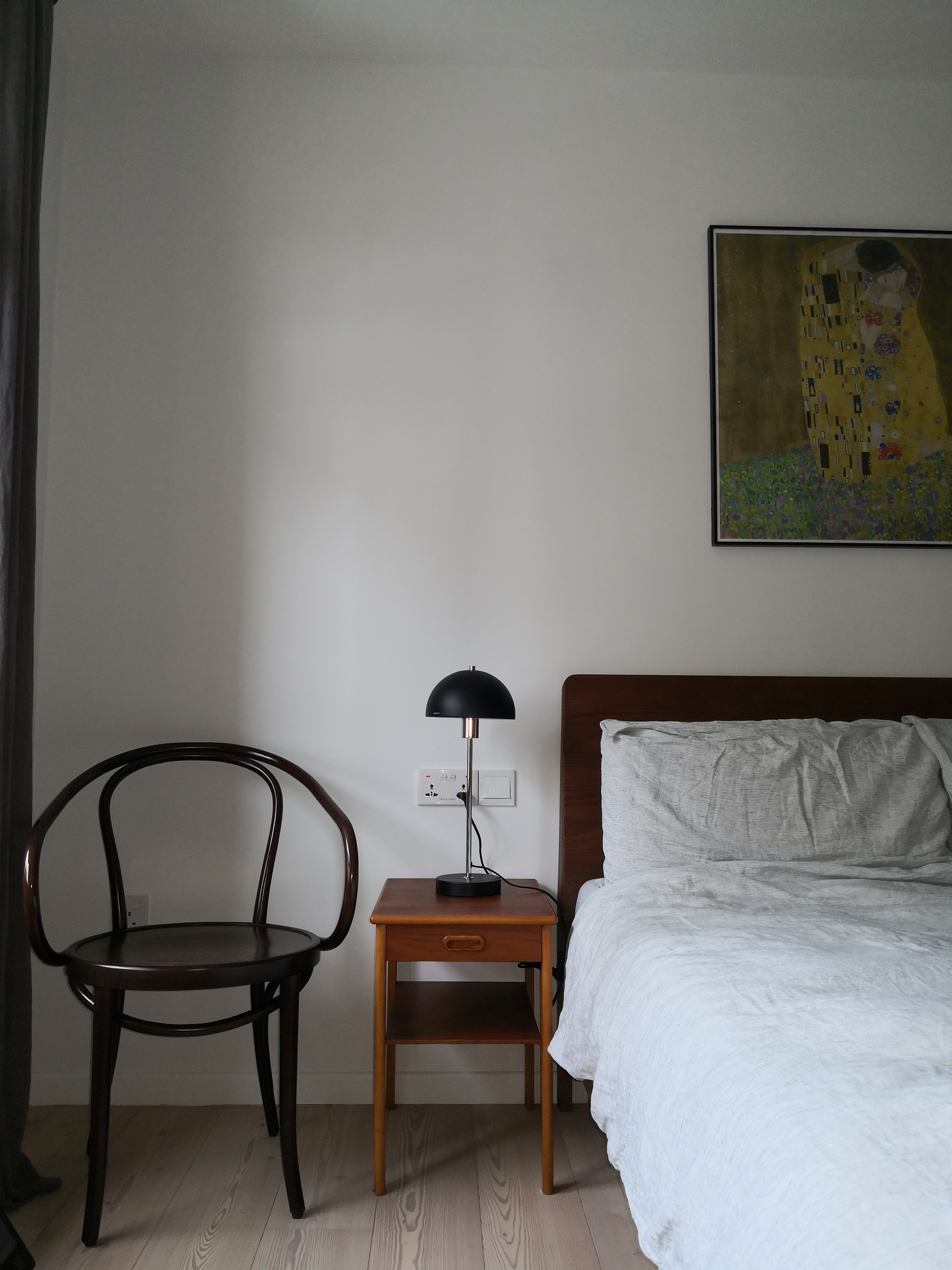 Dream A Little Dream Of Me - Wooden nightstand, black lamp, minimalist decor, modern furniture, wooden chair, bedside table