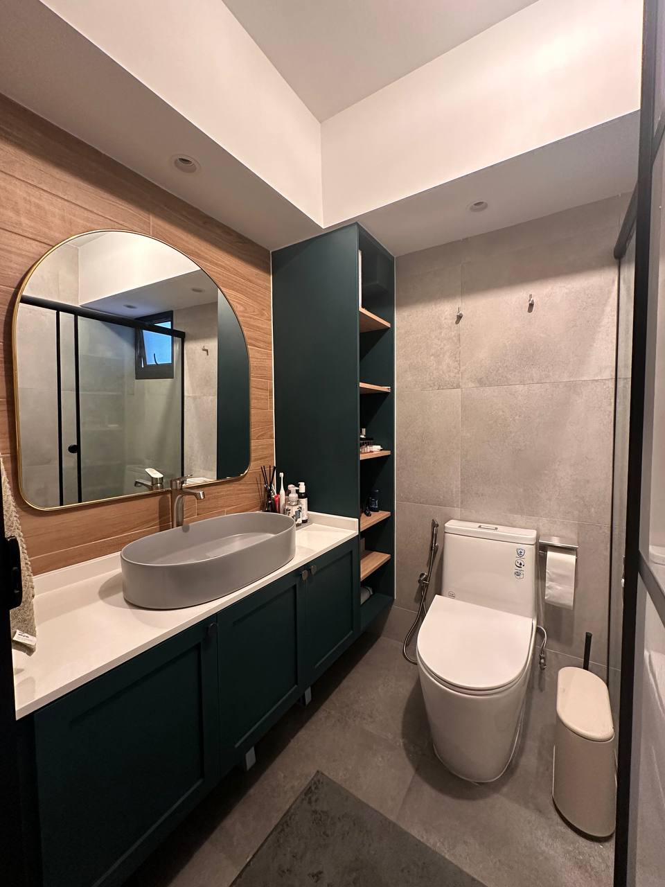 Our Render vs. Reality: 5-Room Resale - Modern bathroom with sleek design, large mirror, floating vanity with gray basin