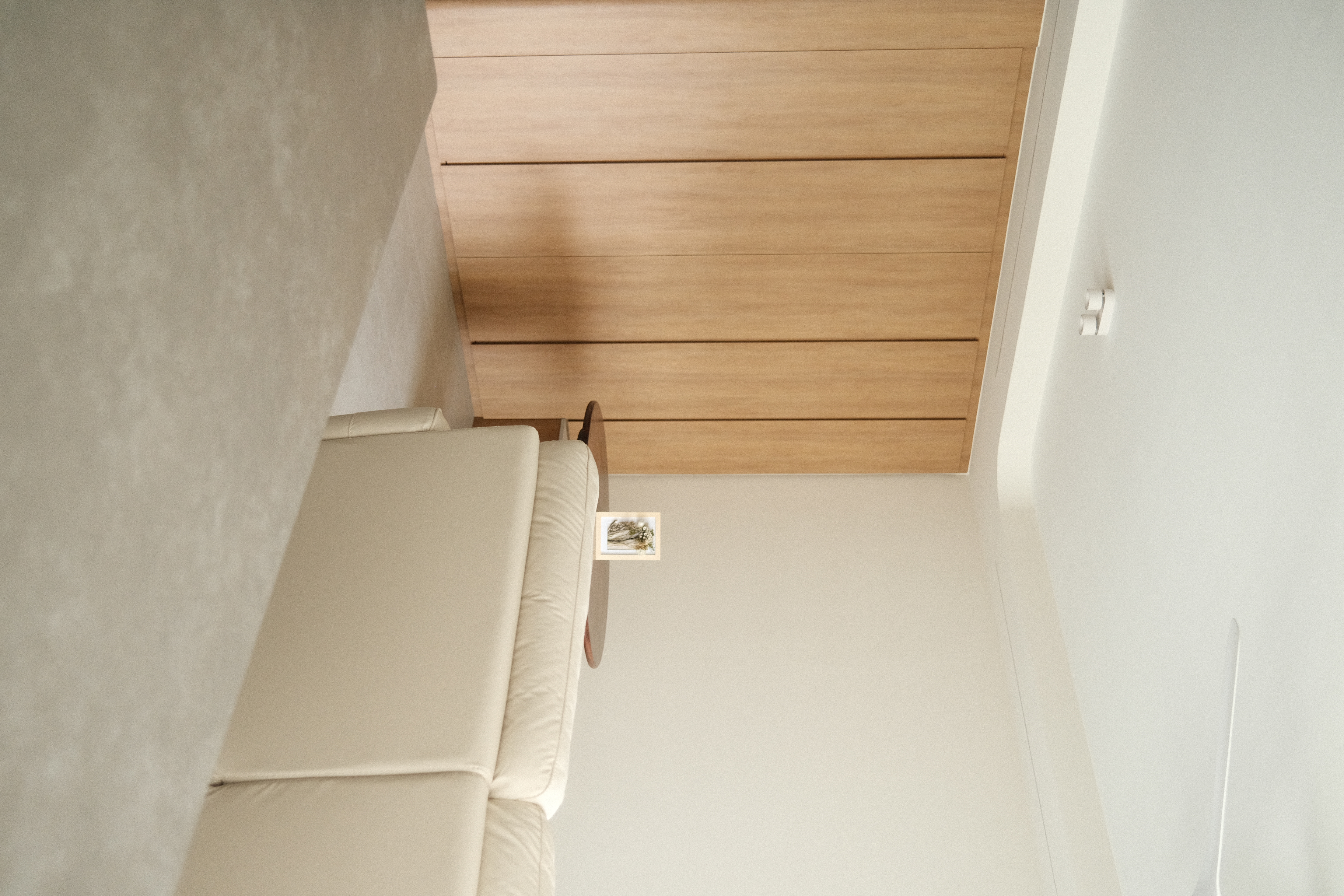 Dining space: Weaving conversations between meals - Minimalist living space, modern furniture, wooden ceiling panel, white