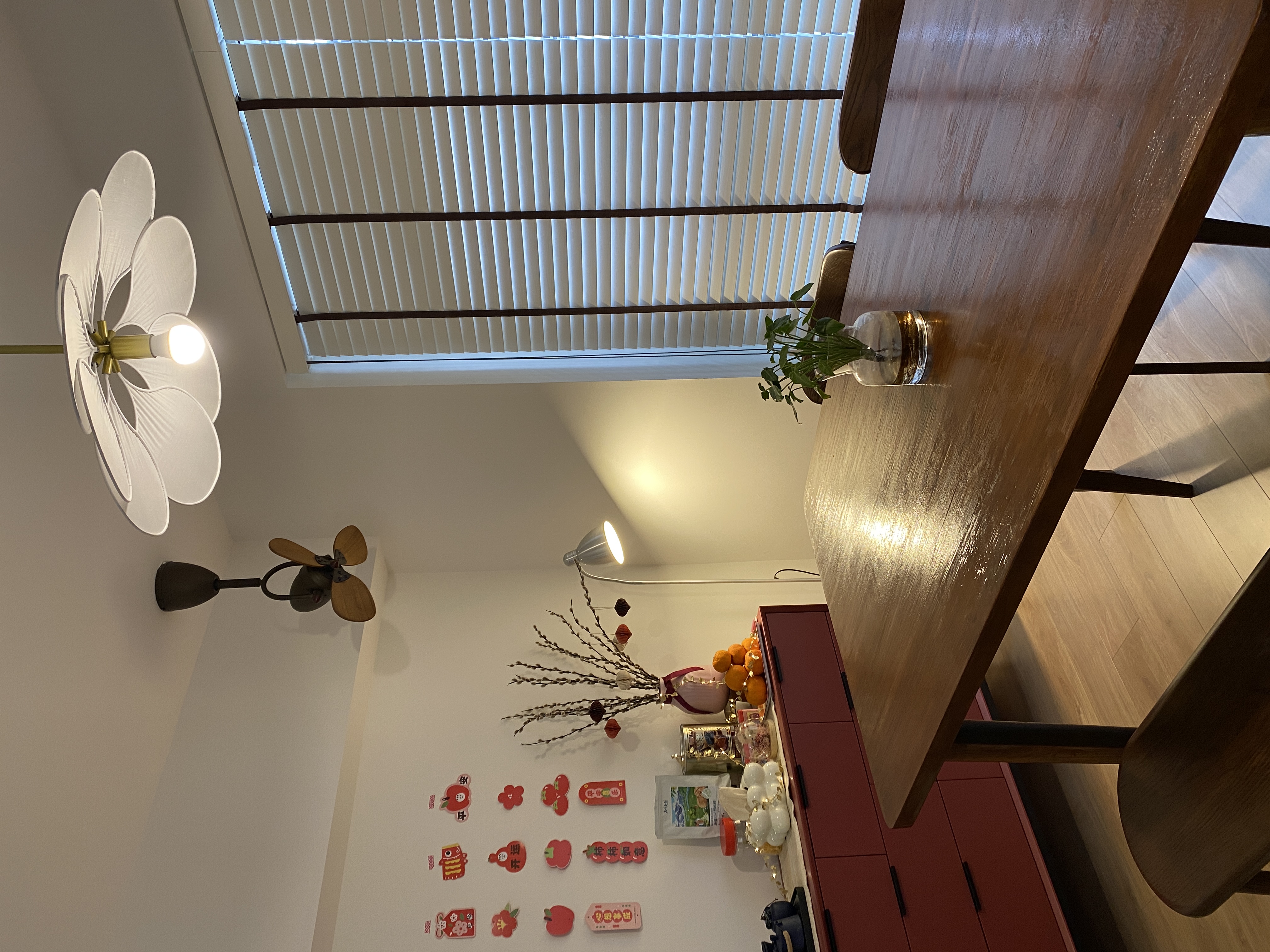 Hearty Meals, Warm Hearts: Our DIY Thrifted Dining Table  - ceiling fan, wooden dining table, modern decor, white ceiling