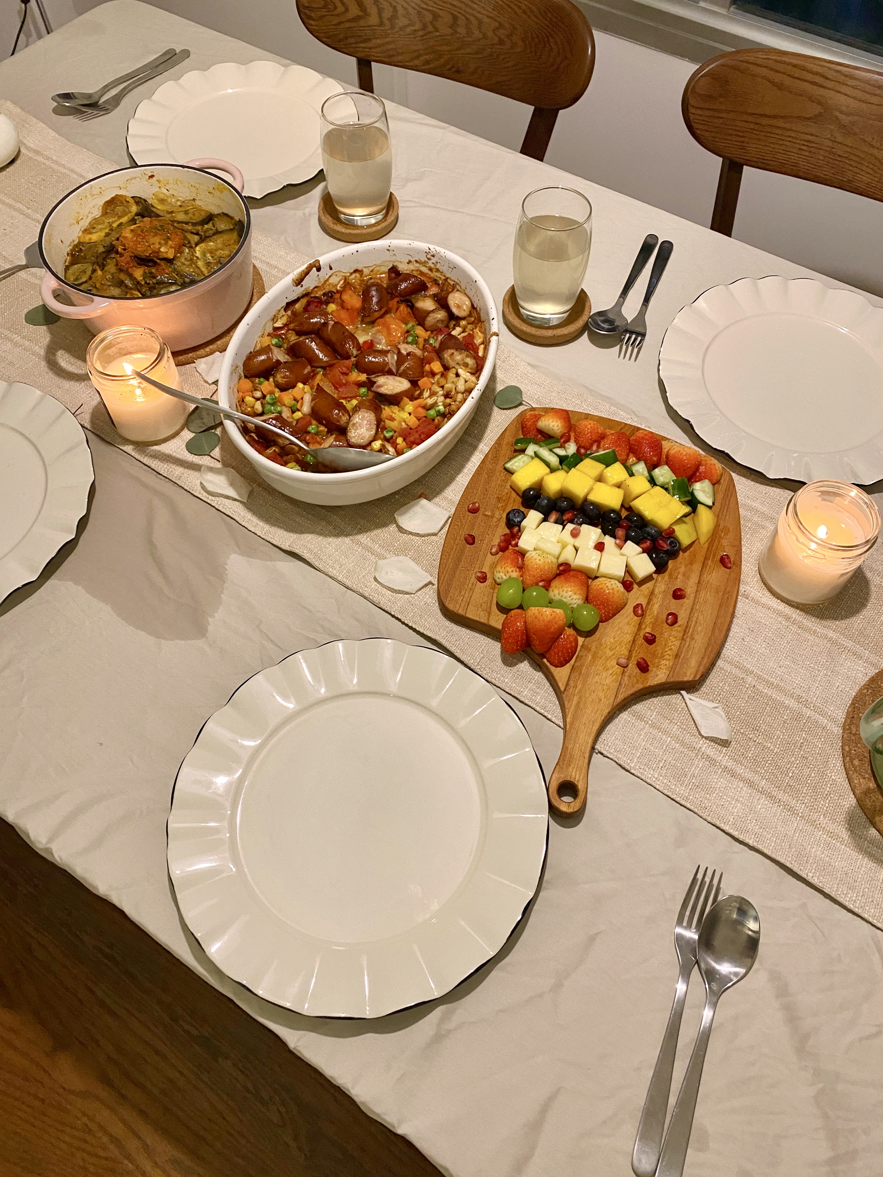Hearty Meals, Warm Hearts: Our DIY Thrifted Dining Table  - Ceramic dinner plate, white plate, empty plates, wooden cutting