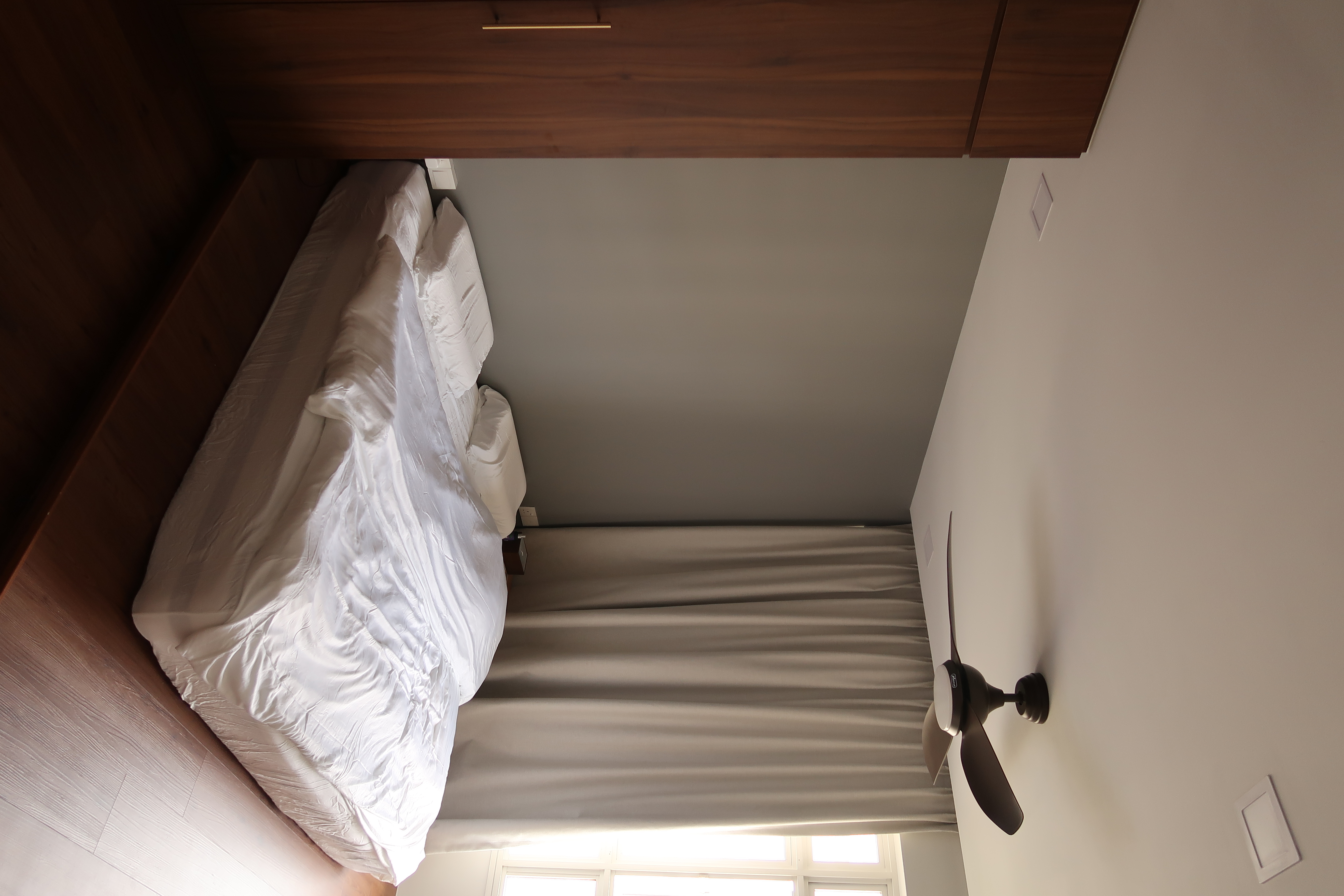 Minimal Bedroom: Our place to unwind and relax  - Wooden ceiling, white bed, beige curtains, wooden headboard, wooden