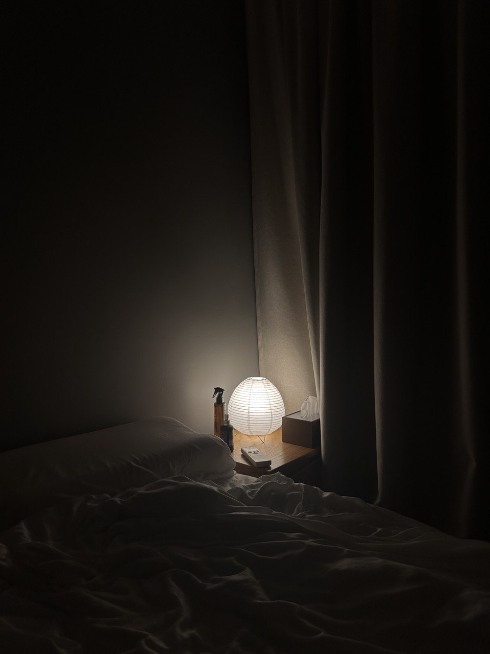 Minimal Bedroom: Our place to unwind and relax  - dimly lit bedroom, bedside table, soft glow lamp, nightstand, clutter-free
