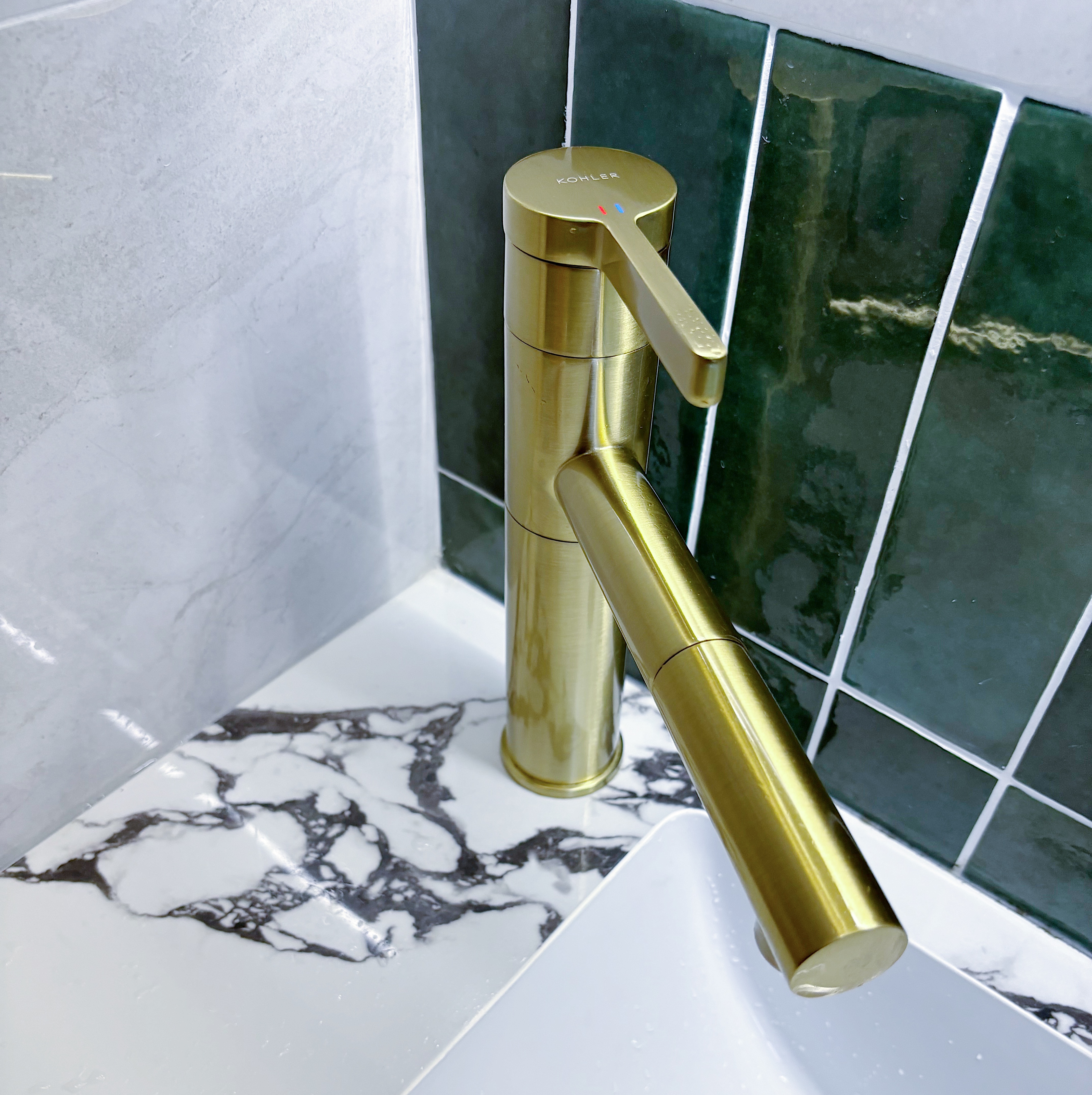 Building our dream Modern Farmhouse bathroom - Golden faucet, green and white tiles, marble countertop, sleek design, modern