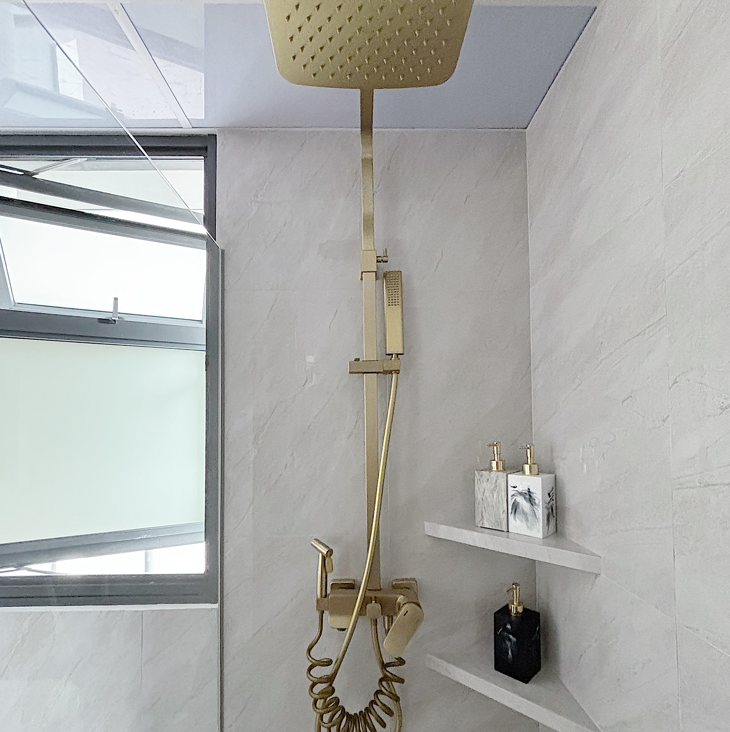 Building our dream Modern Farmhouse bathroom - Golden showerhead, modern shower fixture, luxurious bathroom, elegant
