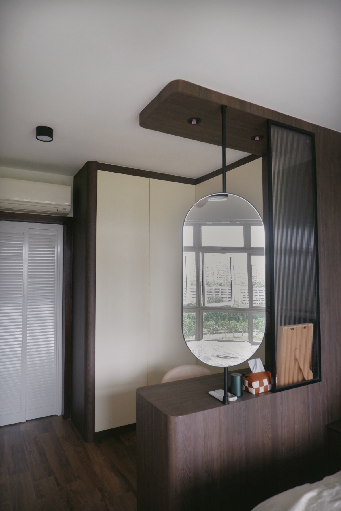 Our Bedroom: Can't get any bed-ter than this  - Wooden desk, round mirror, modern decor, minimalist design, large window