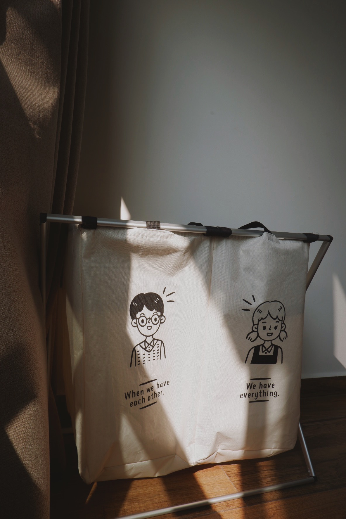 Our Bedroom: Can't get any bed-ter than this  - Sunlight streaming through curtains, casting shadows on a white tote bag