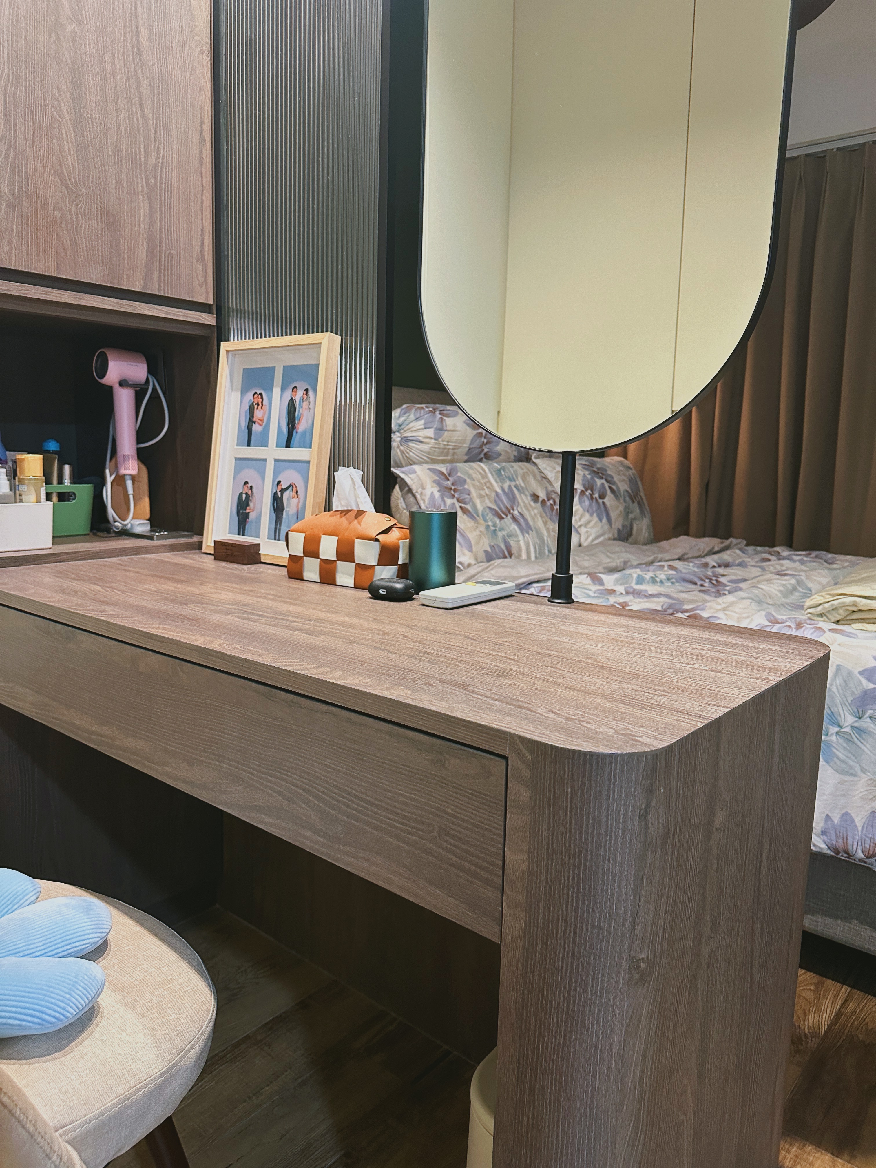 Our Bedroom: Can't get any bed-ter than this  - Wooden desk, brown wood finish, modern design, wooden shelf, pink hair dryer