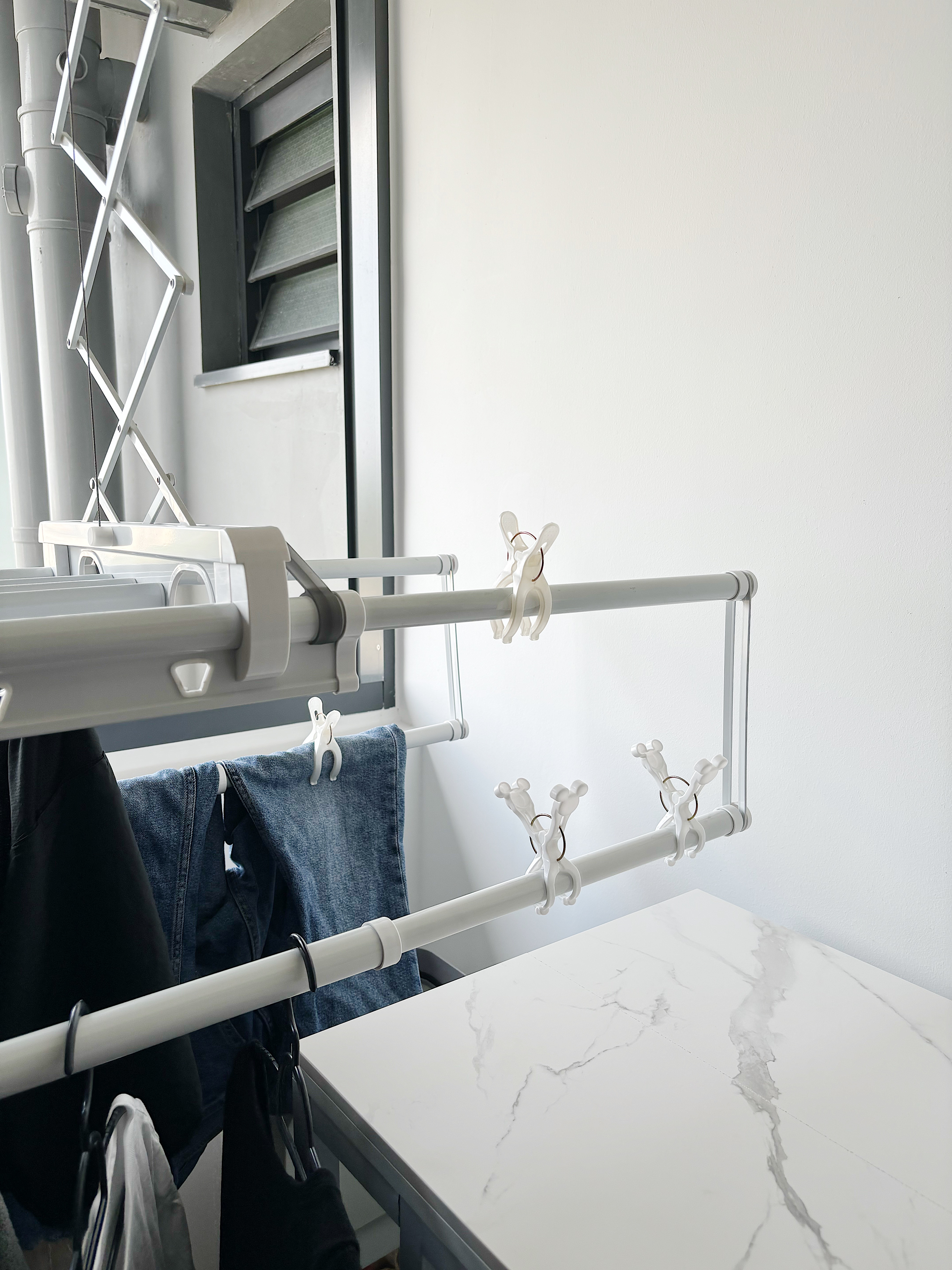 Our clean and organised service yard! - white marble table, modern design, minimalist decor, white metal rack, hanging