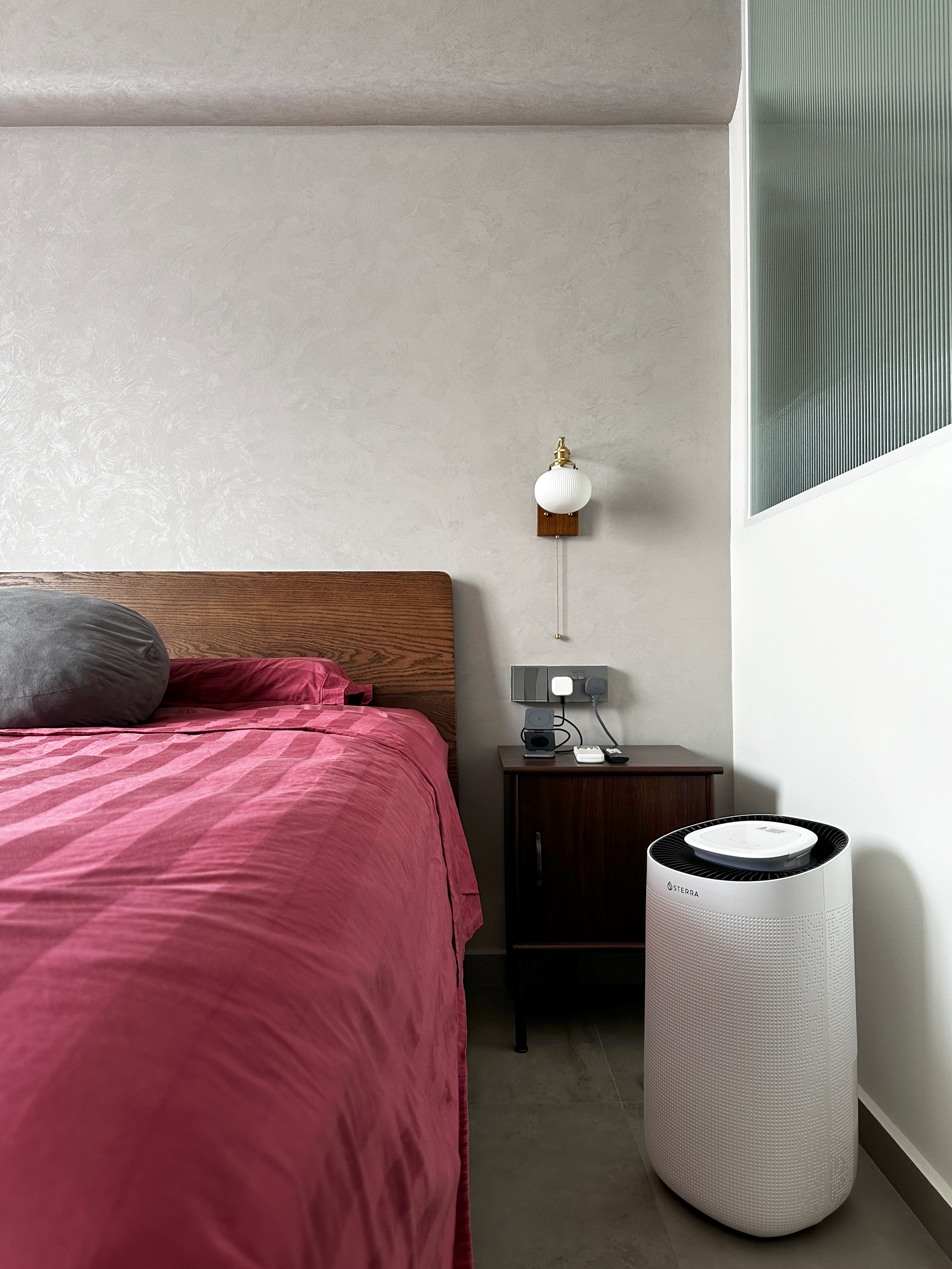 Our Bedroom Routine: Resting Zone - modern bedroom, cozy bed, pink bedding, wooden headboard, nightstand, wall sconce