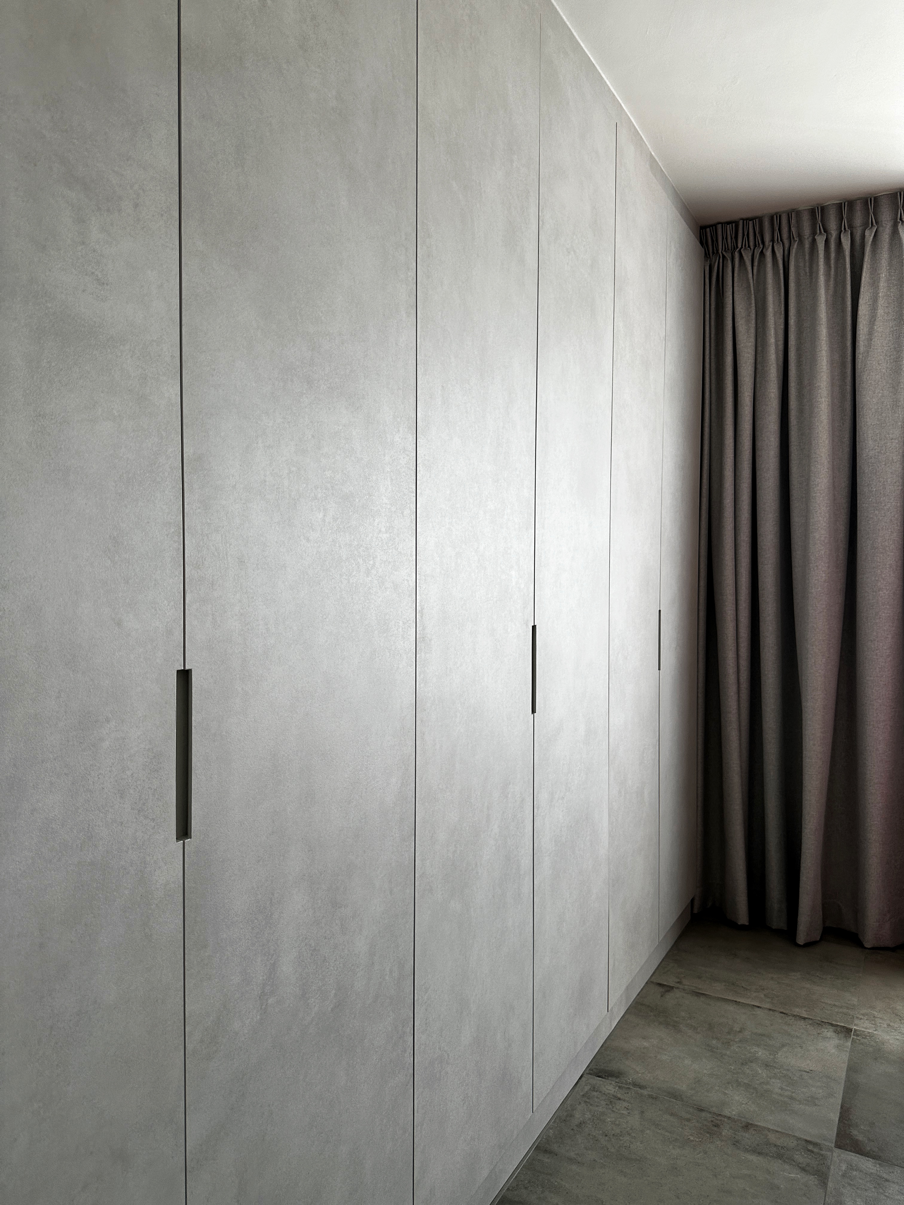 Our Bedroom Routine: Resting Zone - modern minimalist interior, sleek cabinet design, gray textured wall, contemporary decor