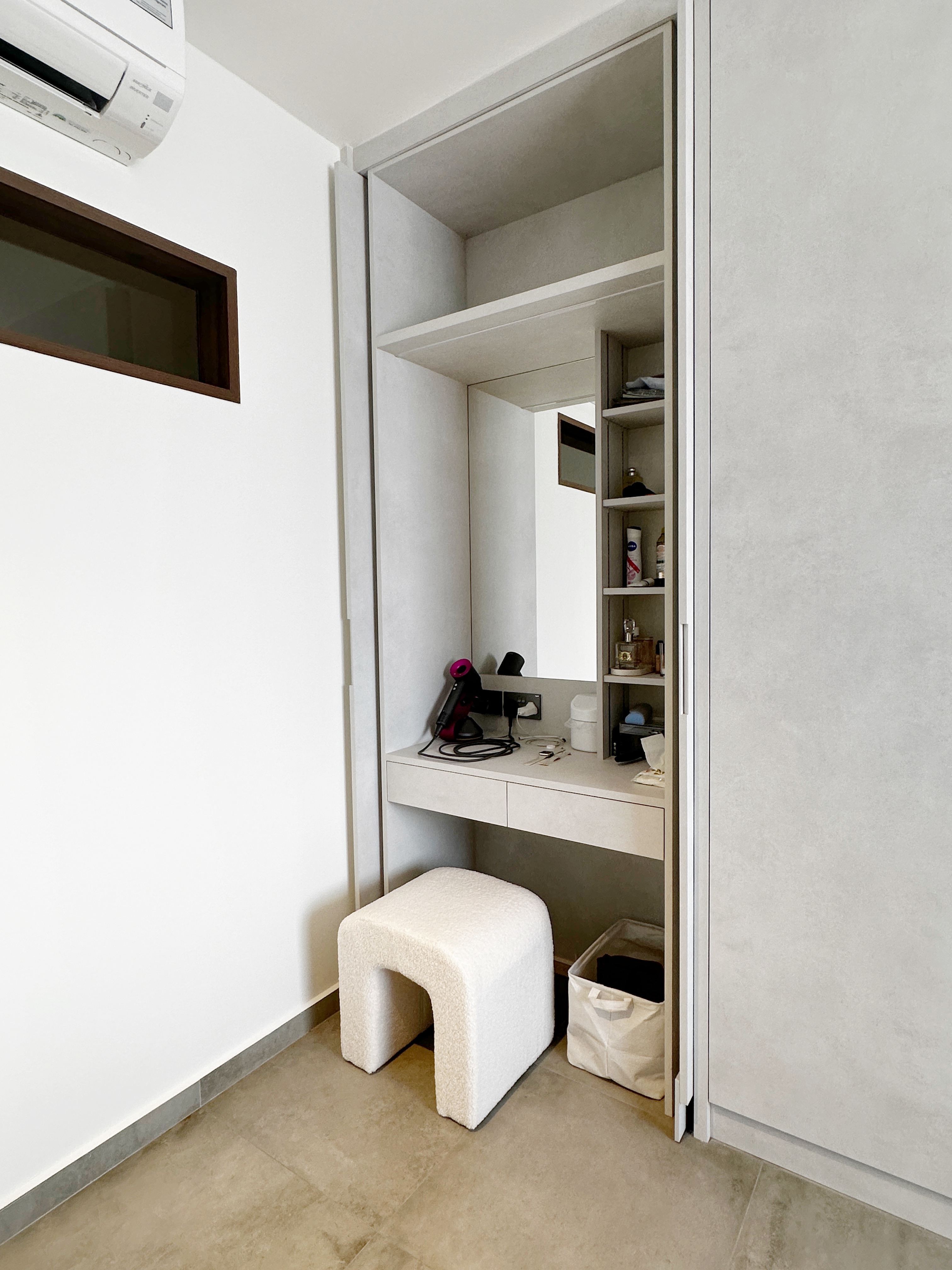 Our Bedroom Routine: Resting Zone - White minimalist office space, built-in shelving unit, beige carpet, modern desk, white