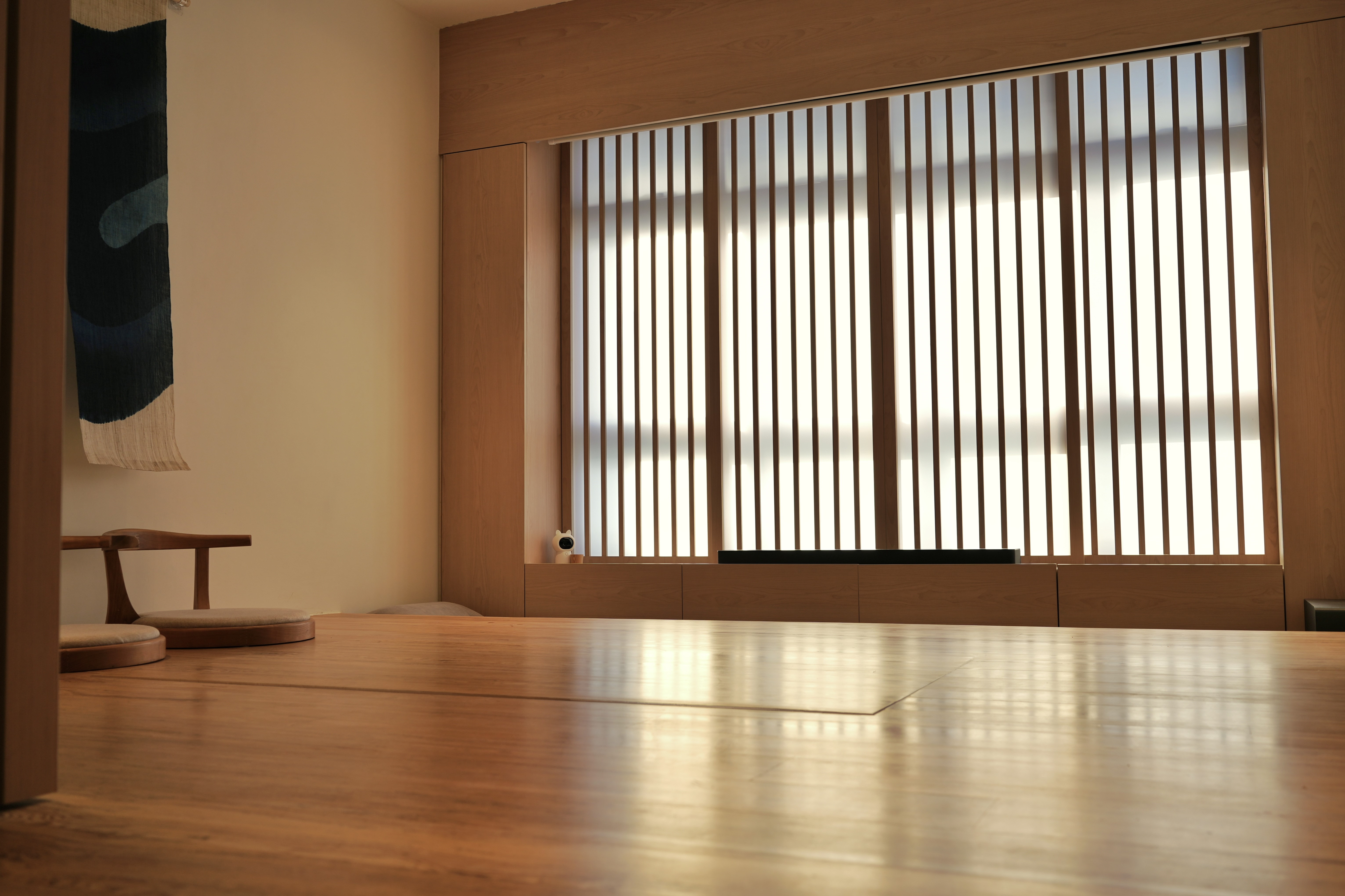 Our Living Room: Multi-Functional, Modern Japanese Versatility - Wooden floor, modern interior, minimalist design, vertical