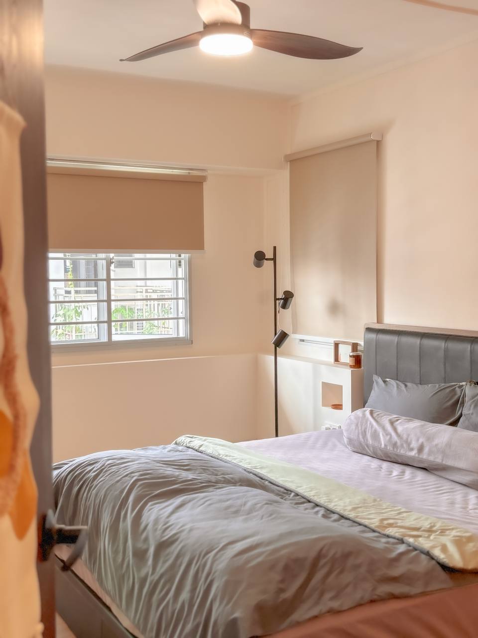 On Bedroom & Marriage Advices  - Modern bedroom with neutral color palette, large bed with gray and beige bedding, built-in