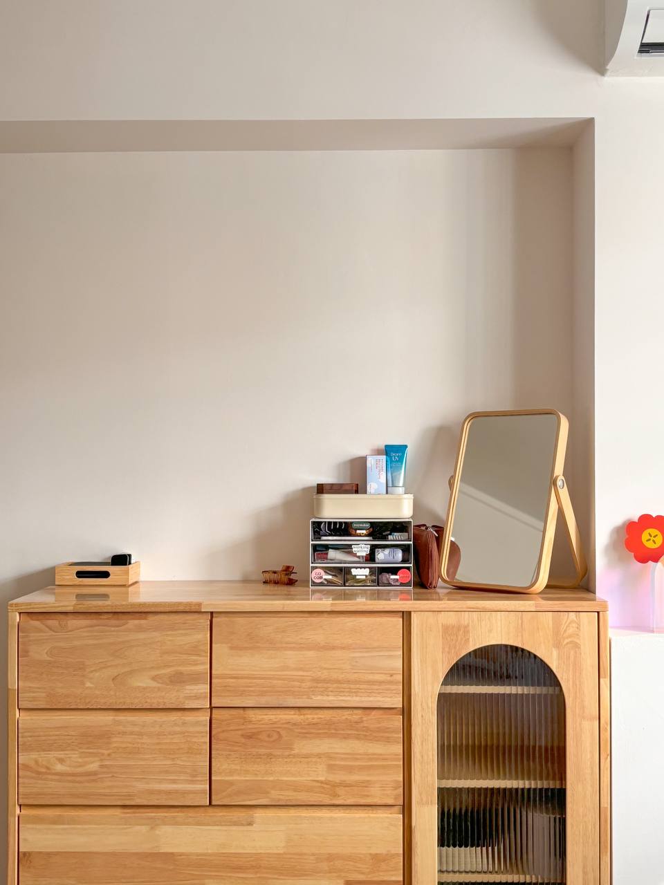 On Bedroom & Marriage Advices  - Wooden dresser, minimalist design, wooden drawers, light wood finish, modern decor, vanity