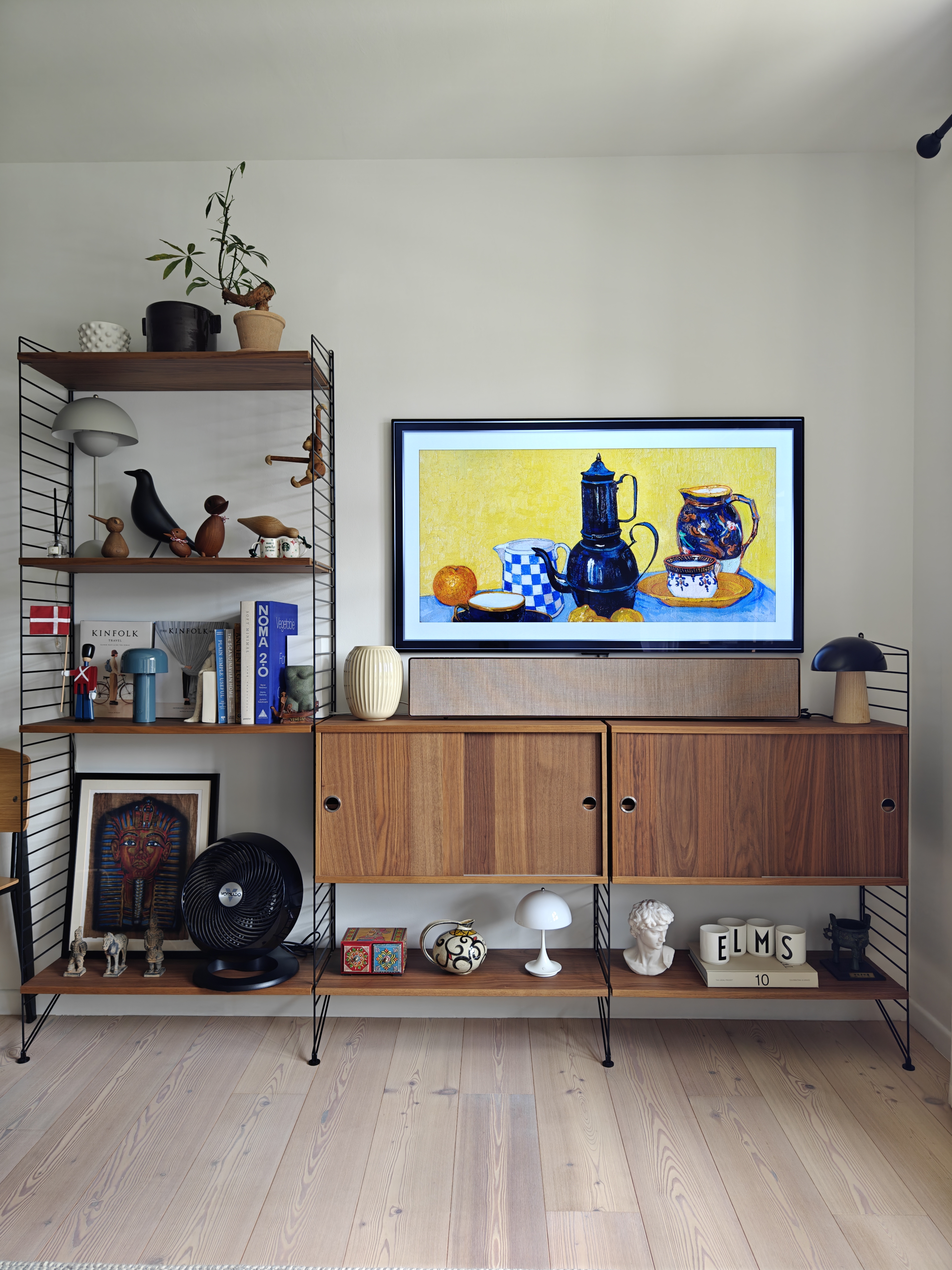 My Hyggelicious Living Room - modern living room, contemporary decor, minimalist style, wooden shelves, black lamp, white