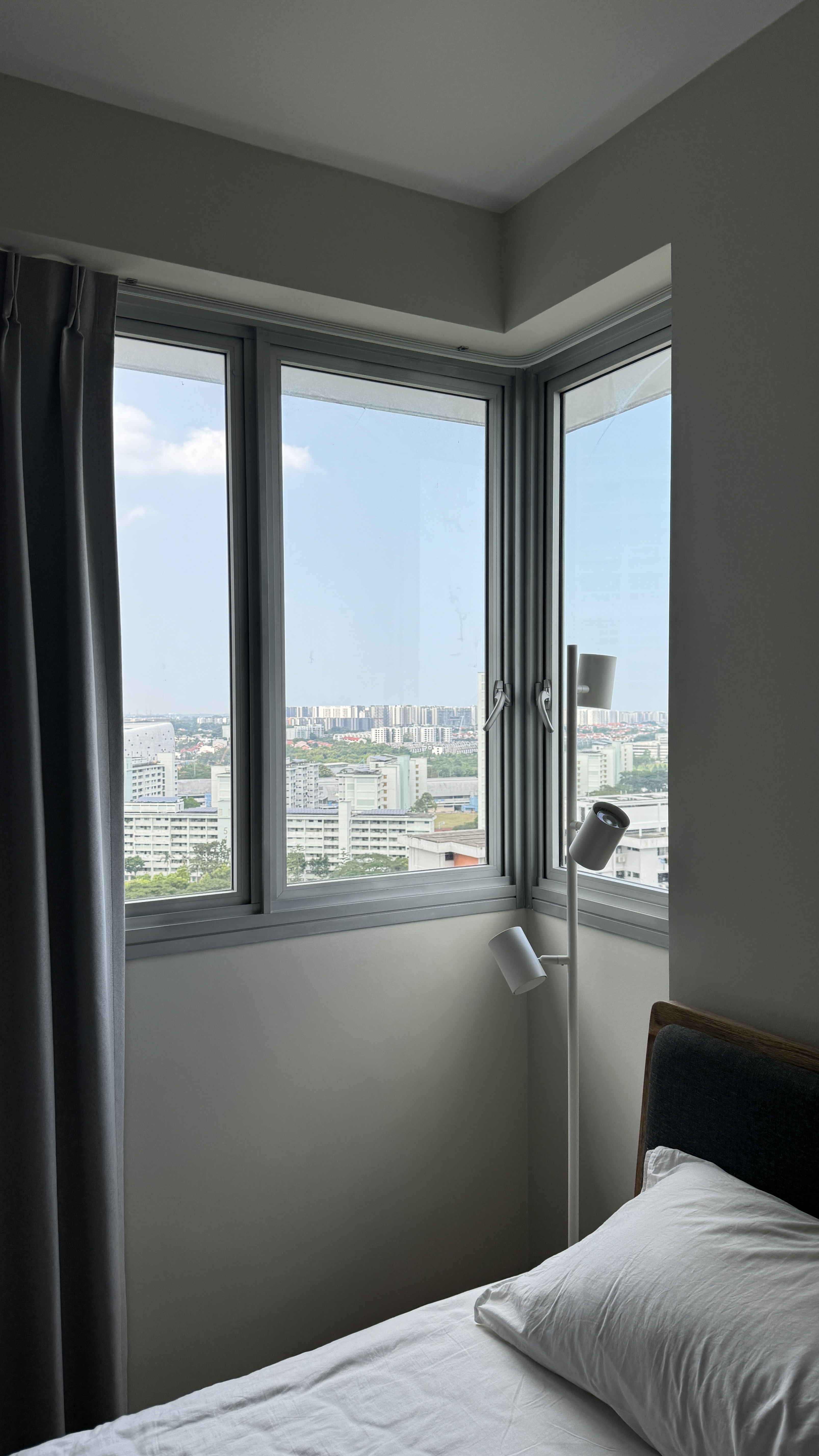 Our Bedroom: A Place Where We Can Check Out the Mood of the Sky - Modern bedroom, large window, gray curtains, white lamp