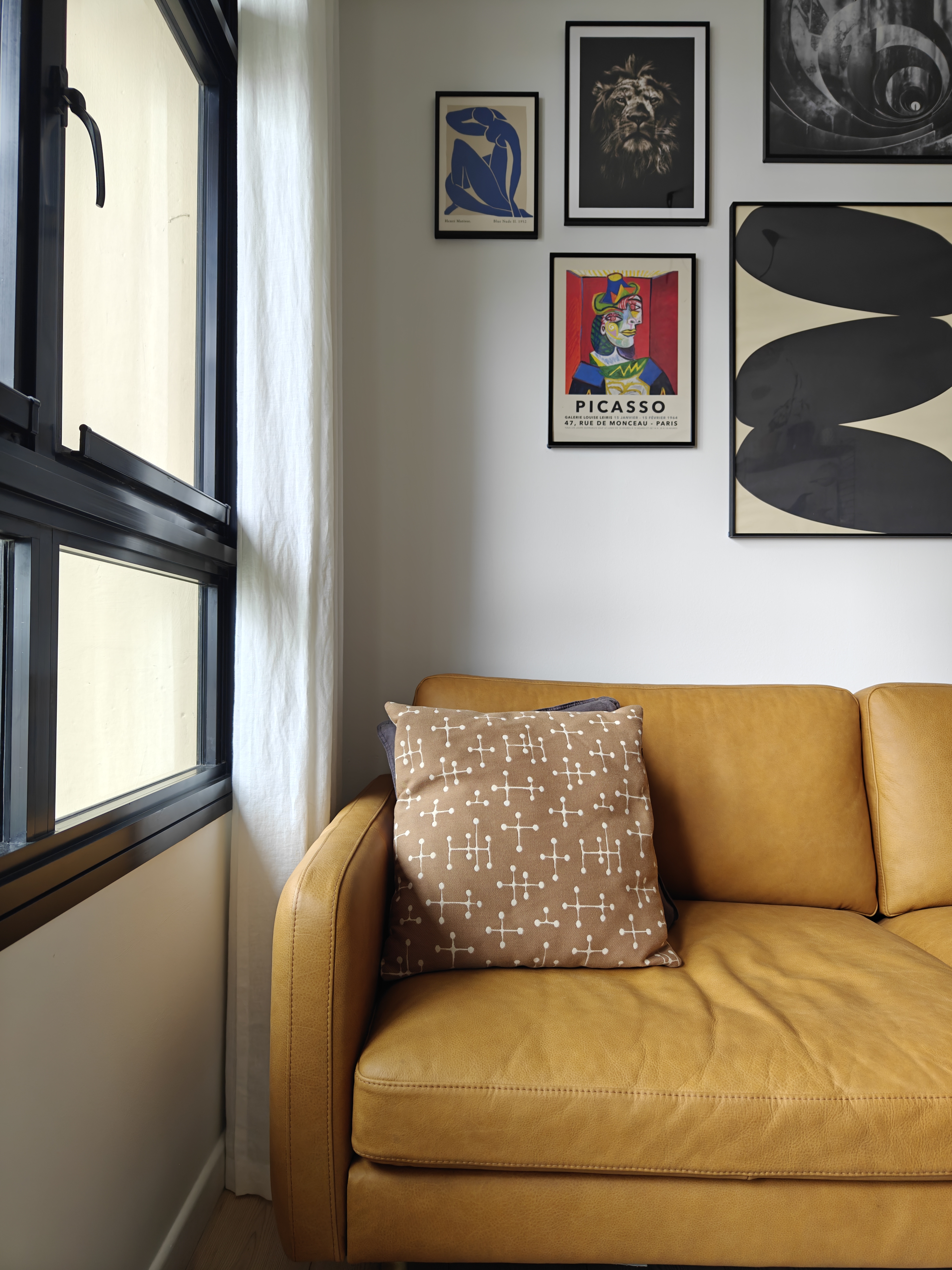 My Hyggelicious Living Room - Modern minimalist decor, abstract art, geometric pattern, mustard yellow leather sofa, natural