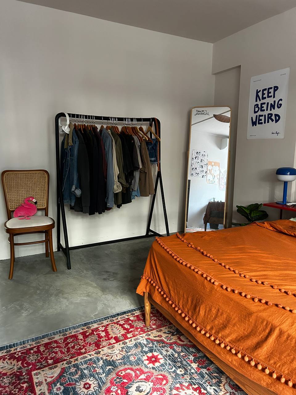 Master Bedroom: Where Nothing Really Mattress - Organized wardrobe, black rack, hanging clothes, orange bedspread, decorative