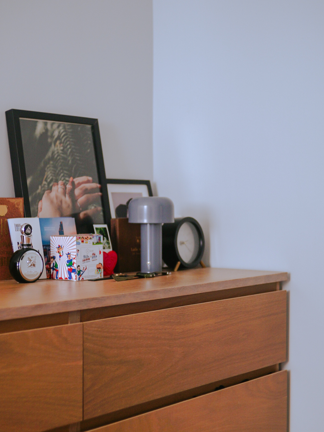 Our Bedroom With No Built-In Cabinets - rifle, photo frame, framed picture, hands, ring, clock, desk drawer, wooden dresser