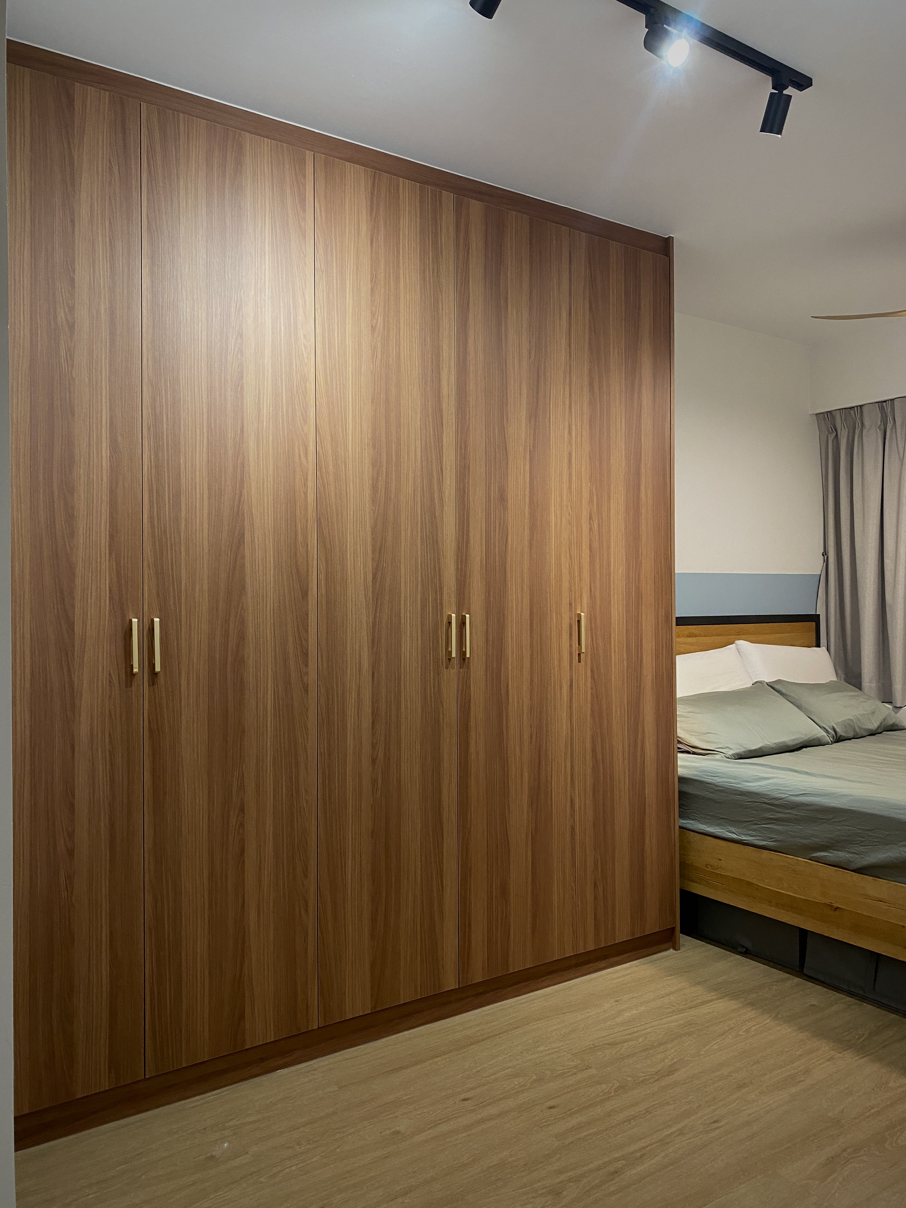 Our Restful Haven: Comfy Bed, Blackout Curtains and Ambient Light - Wooden wardrobe, modern design, large closet, wooden