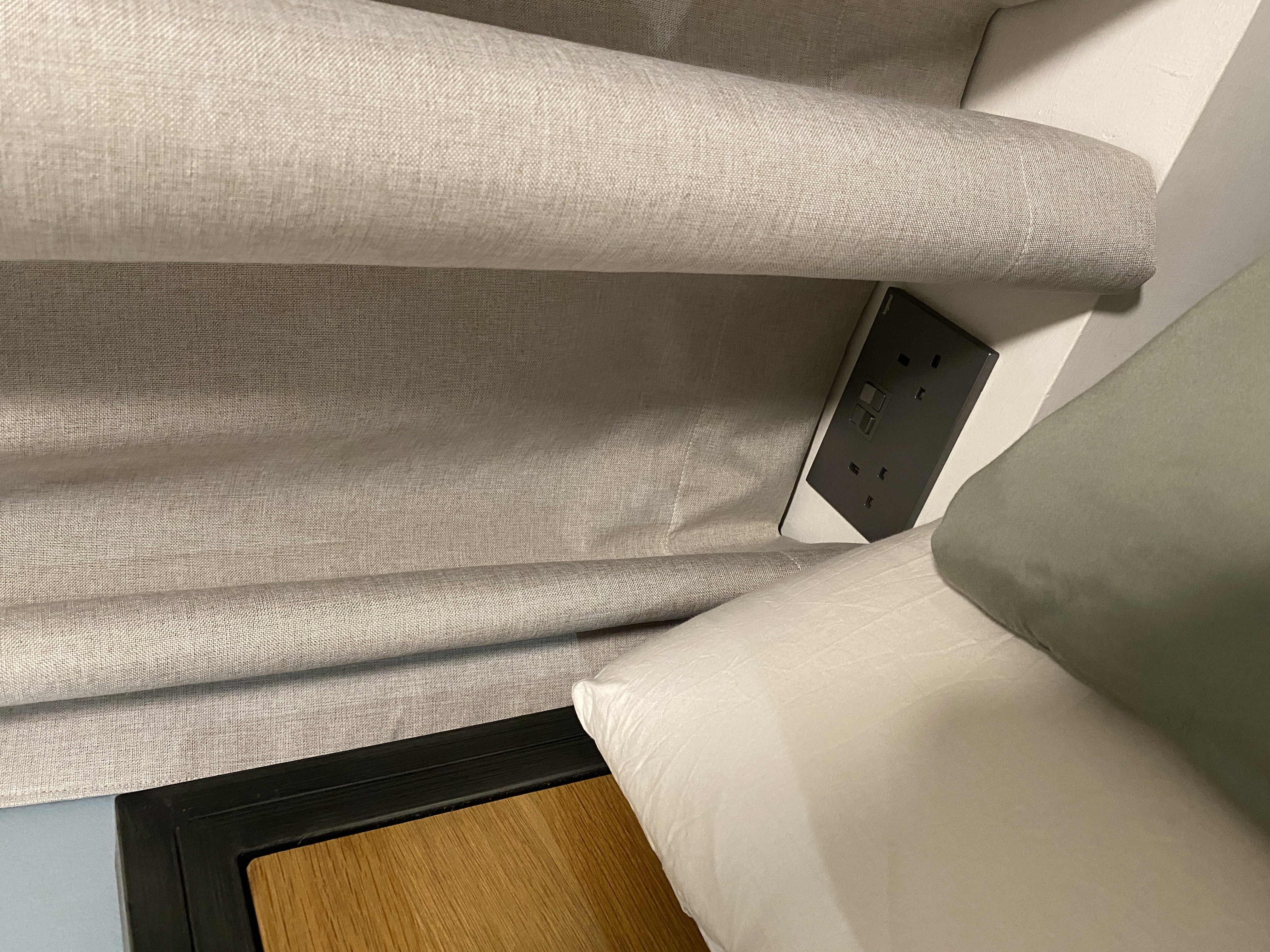 Our Restful Haven: Comfy Bed, Blackout Curtains and Ambient Light - Fabric, curtain, window blind, beige, textured, woven