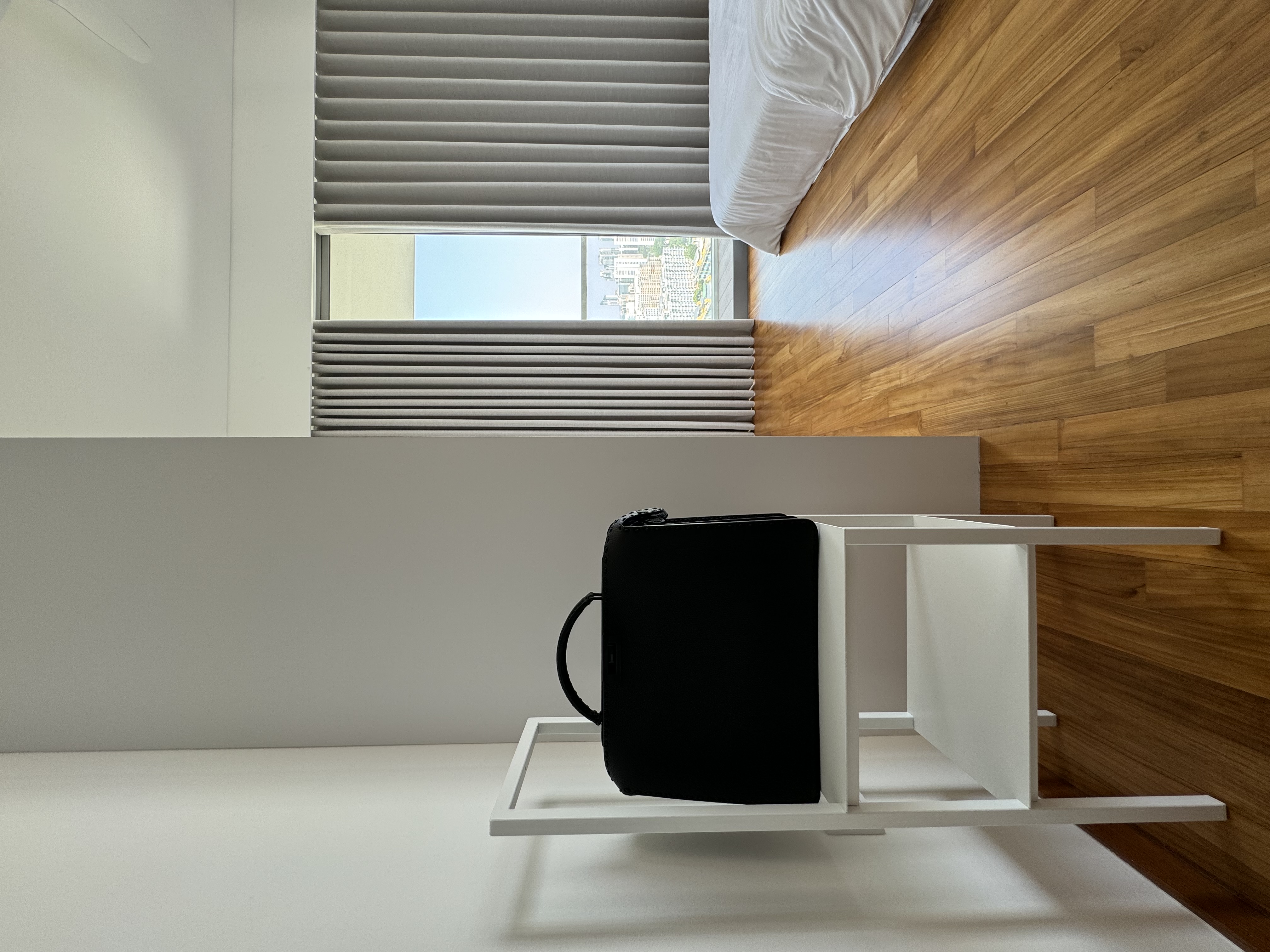 La-La Land @ Rumah Beacon - Modern minimalist bedroom, sleek desk, floating shelf, large window with blinds, wooden floor