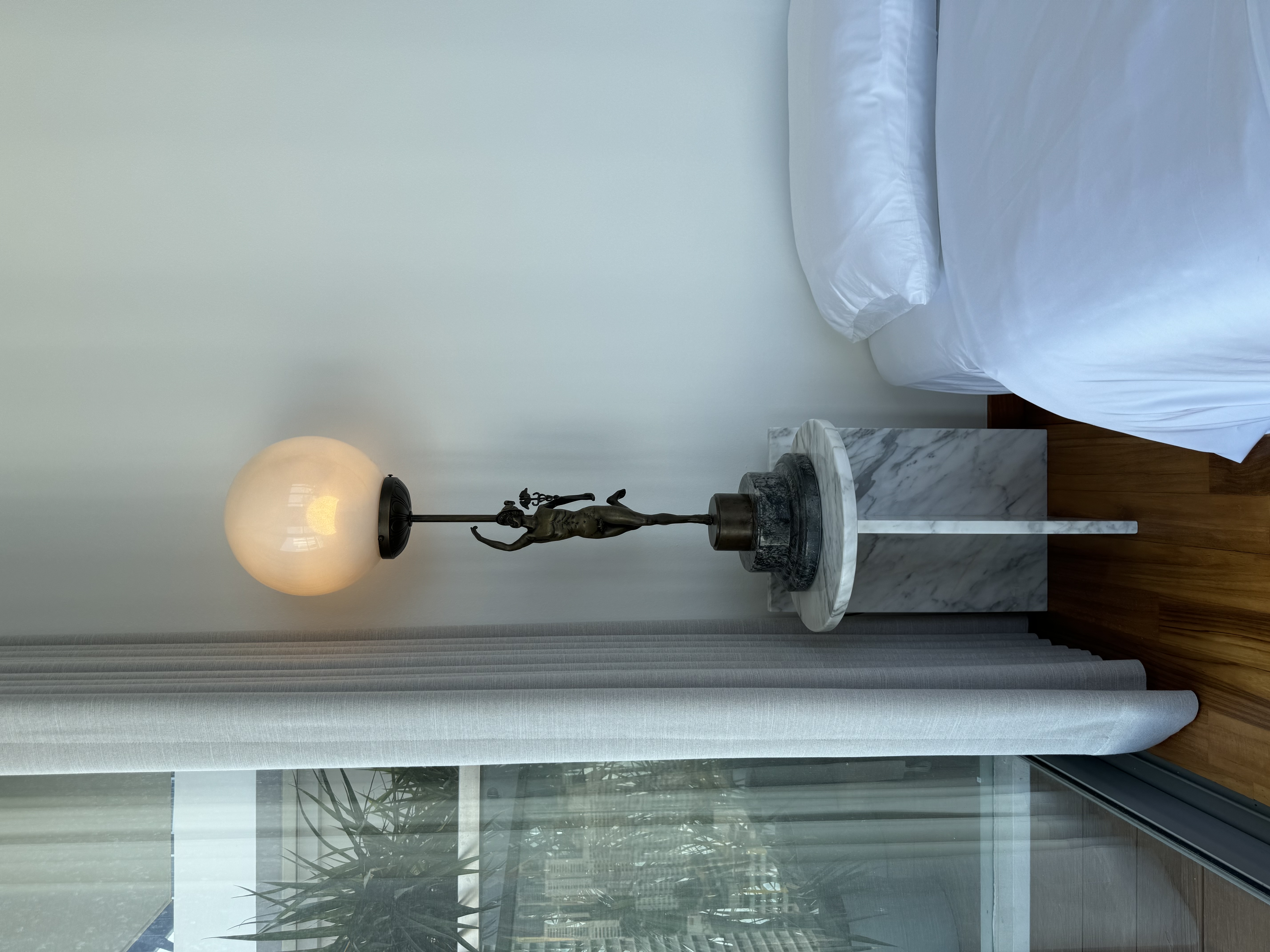 La-La Land @ Rumah Beacon - modern bedroom, minimalist decor, elegant lamp, marble table, white bed, soft lighting, natural