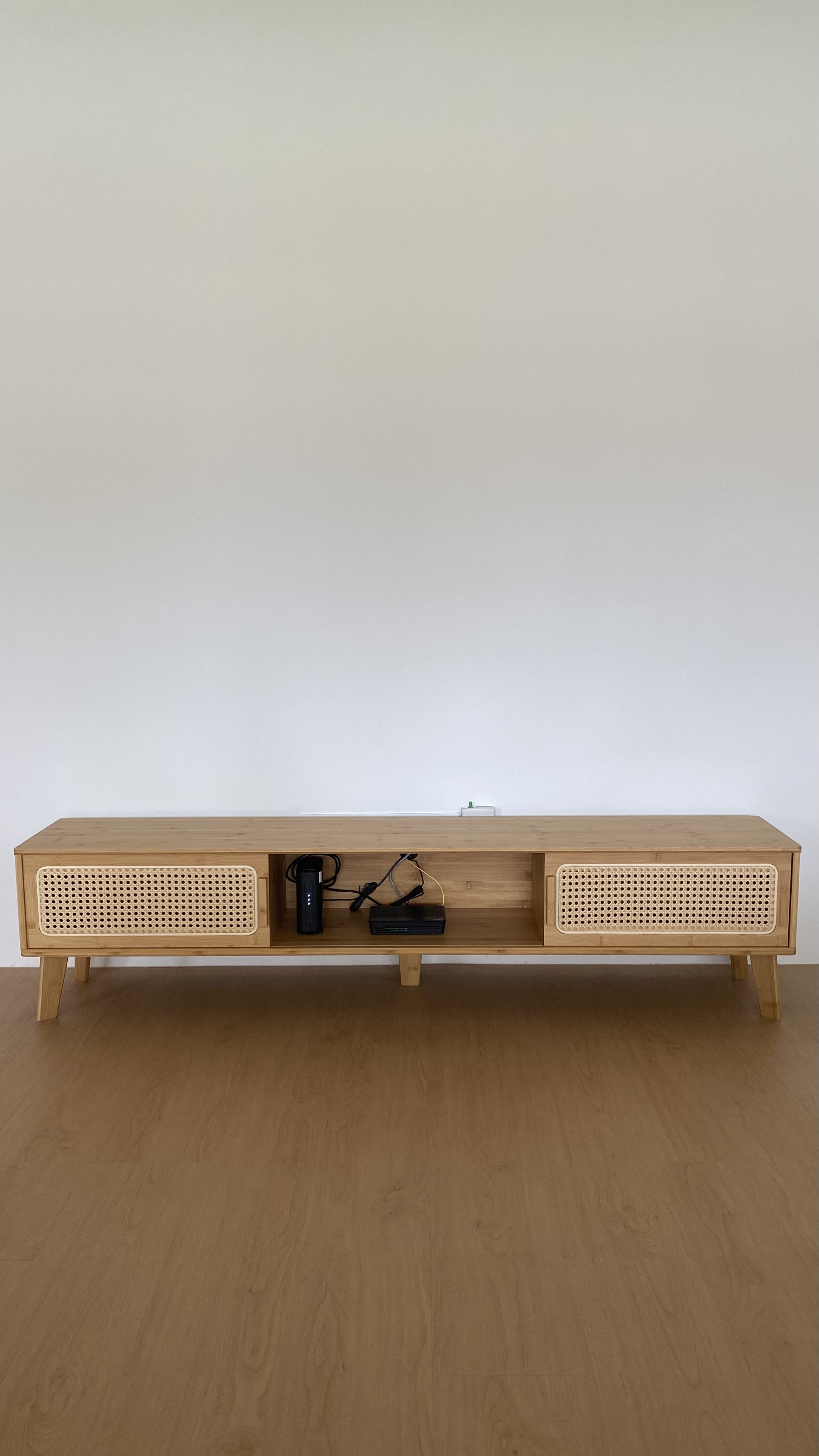 Living with restrictions: the tofu edition - Wooden TV stand with woven front panel, minimalist design, light wooden finish
