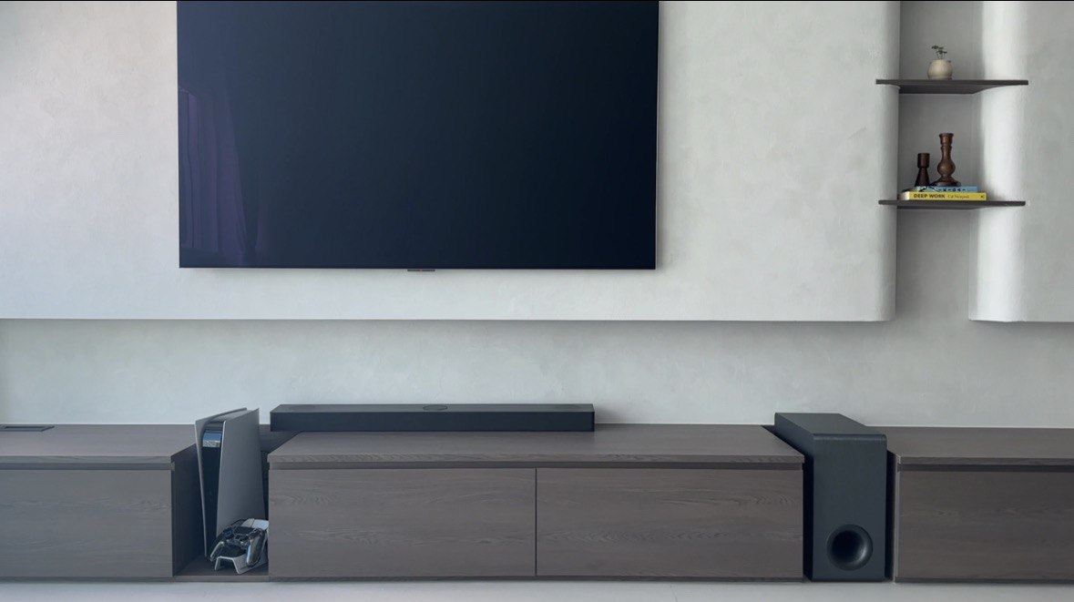 Living Room: No Balcony, No Problem!  - Modern minimalist living room, sleek entertainment center, contemporary TV setup