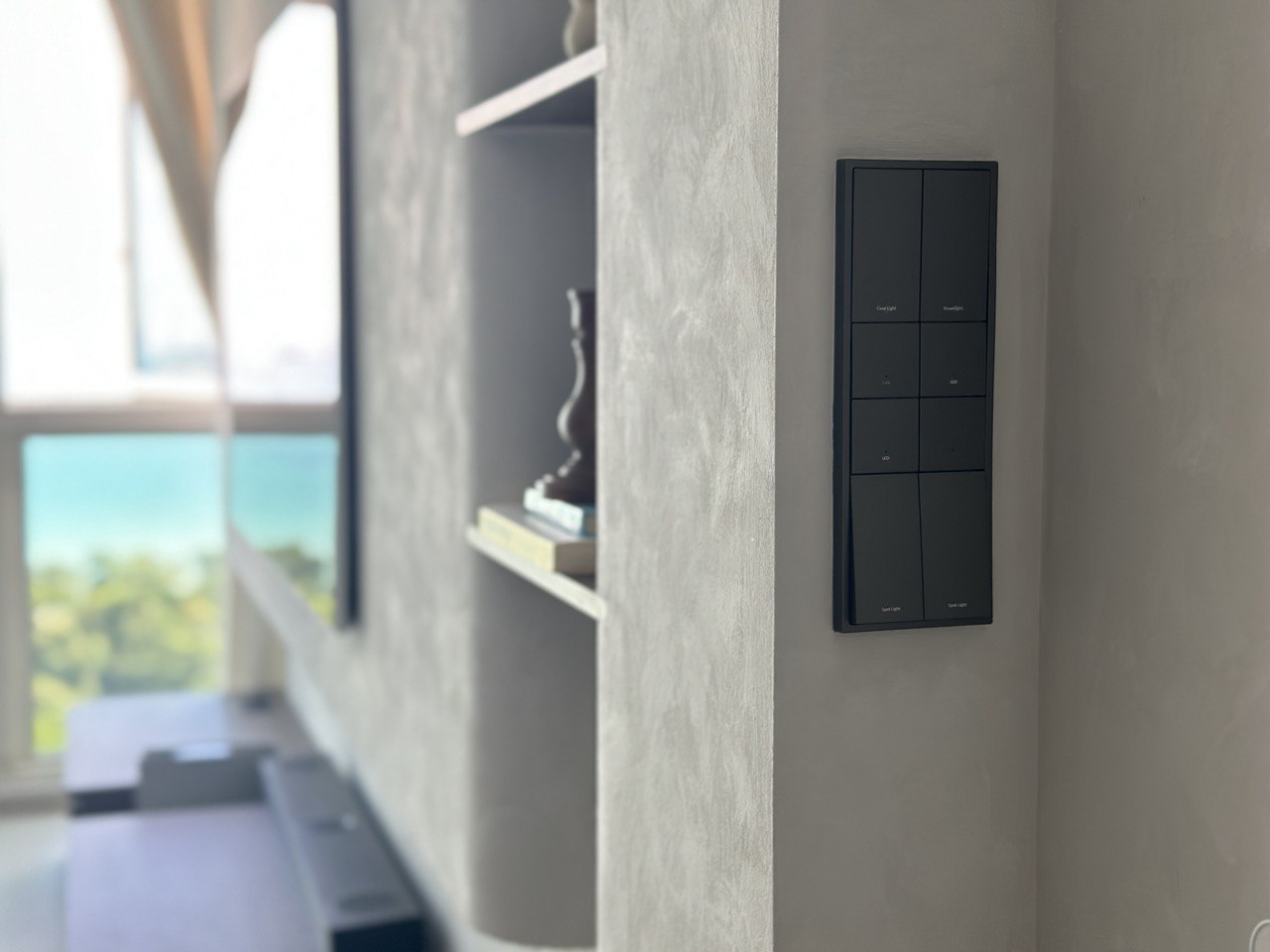 Living Room: No Balcony, No Problem!  - Modern minimalist interior, sleek black control panel, floating shelf, contemporary