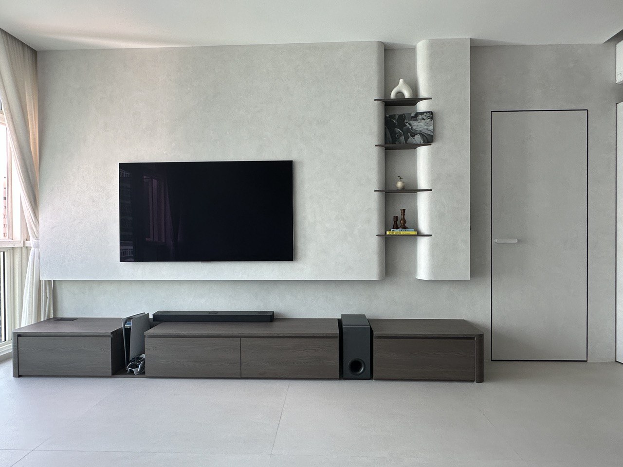 Living Room: No Balcony, No Problem!  - Modern minimalist living room, sleek entertainment center, contemporary decor