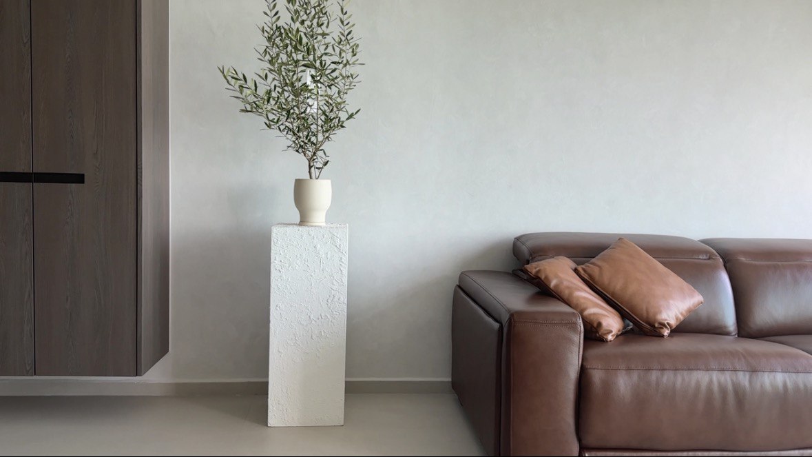 Living Room: No Balcony, No Problem!  - Modern minimalist interior, contemporary furniture, sleek dark wooden cabinet, white