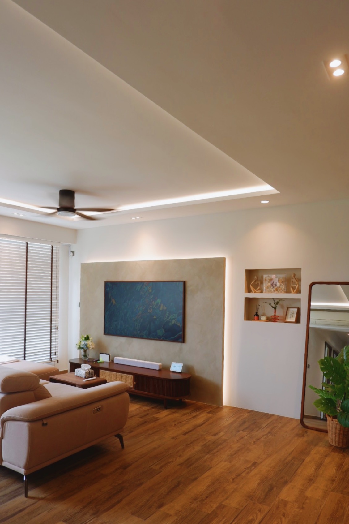 Our Simple Living Room: It's so-fa so good - Modern living room with wooden flooring, beige sofa, ceiling fan, recessed