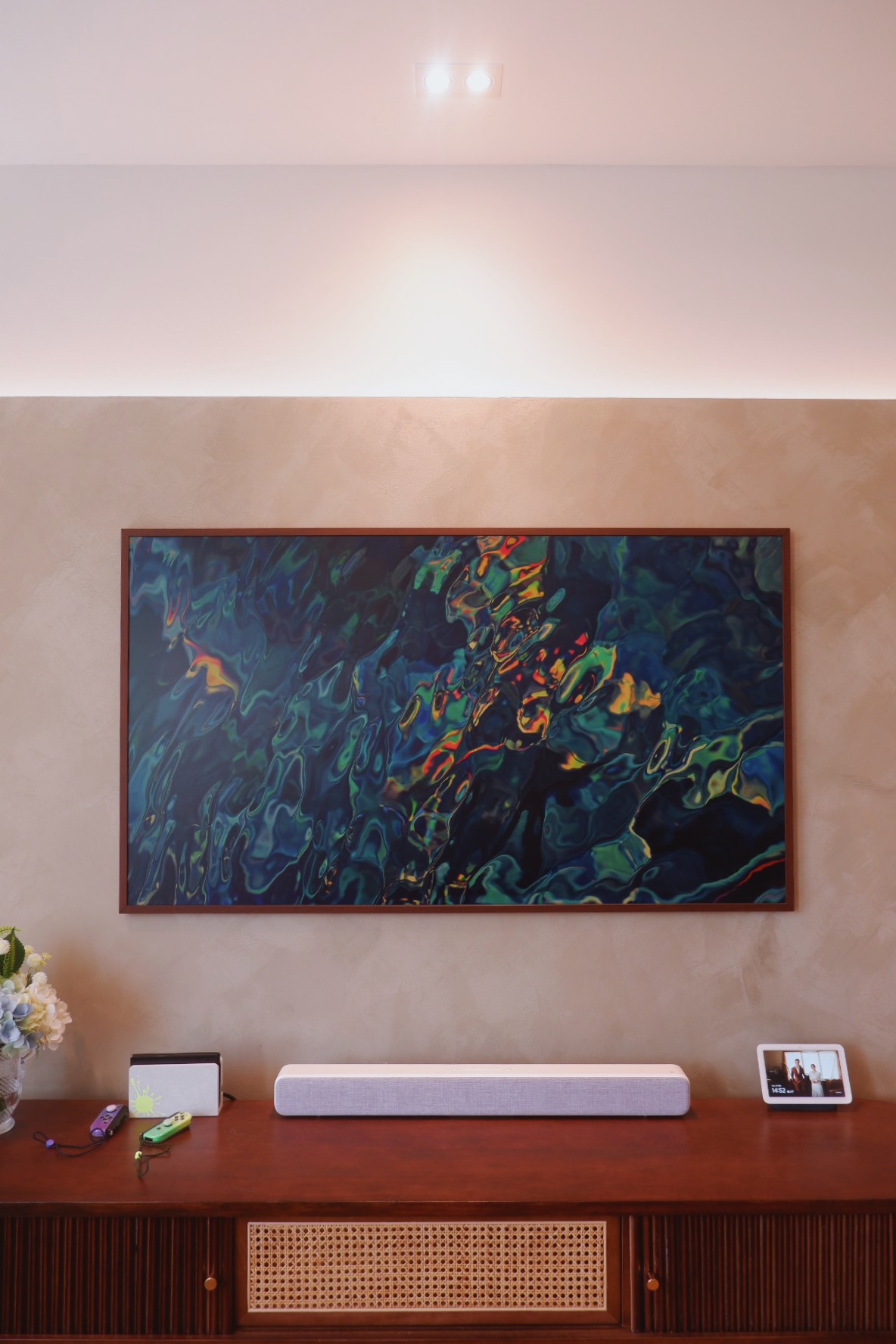 Our Simple Living Room: It's so-fa so good - Modern living room decor featuring a vibrant abstract painting., Elegant wooden