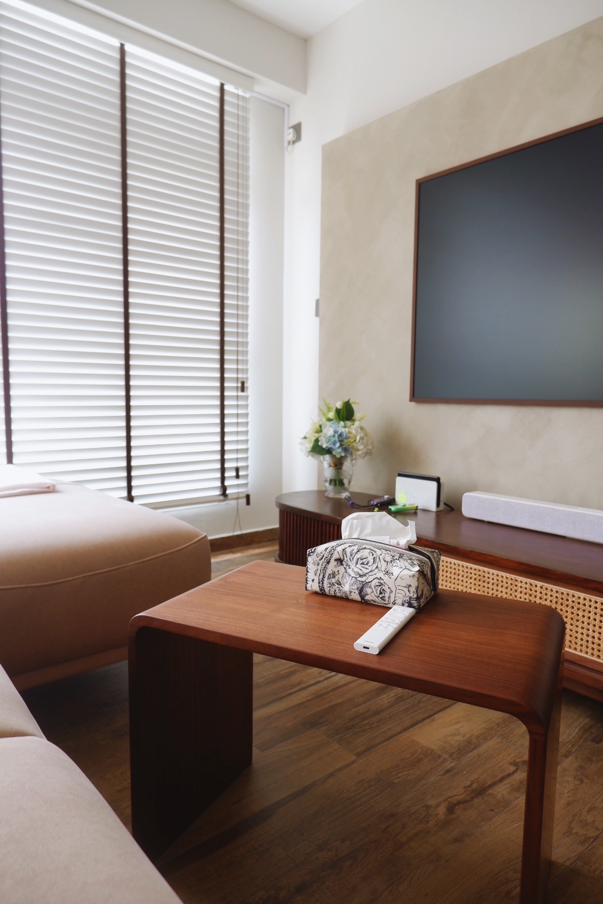 Our Simple Living Room: It's so-fa so good - Wooden coffee table, beige sofa, large window with blinds, modern decor, wooden