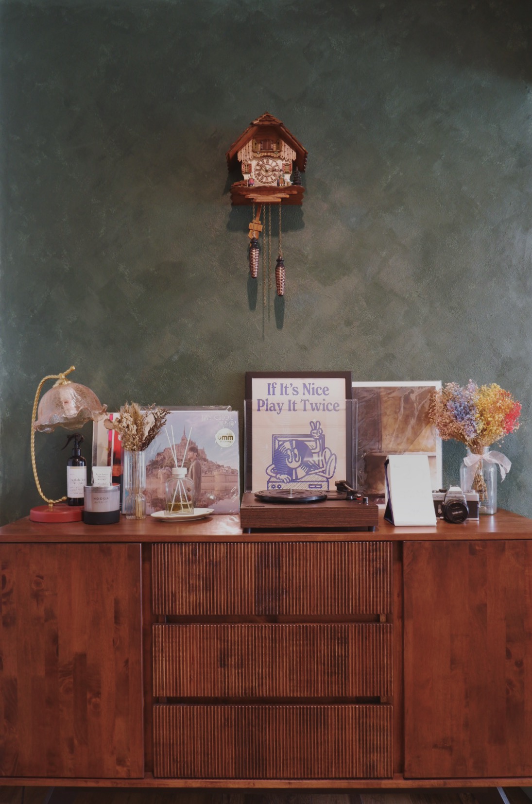 Our Simple Living Room: It's so-fa so good - Vintage wooden cabinet, rustic decor, green textured wall, hanging clock