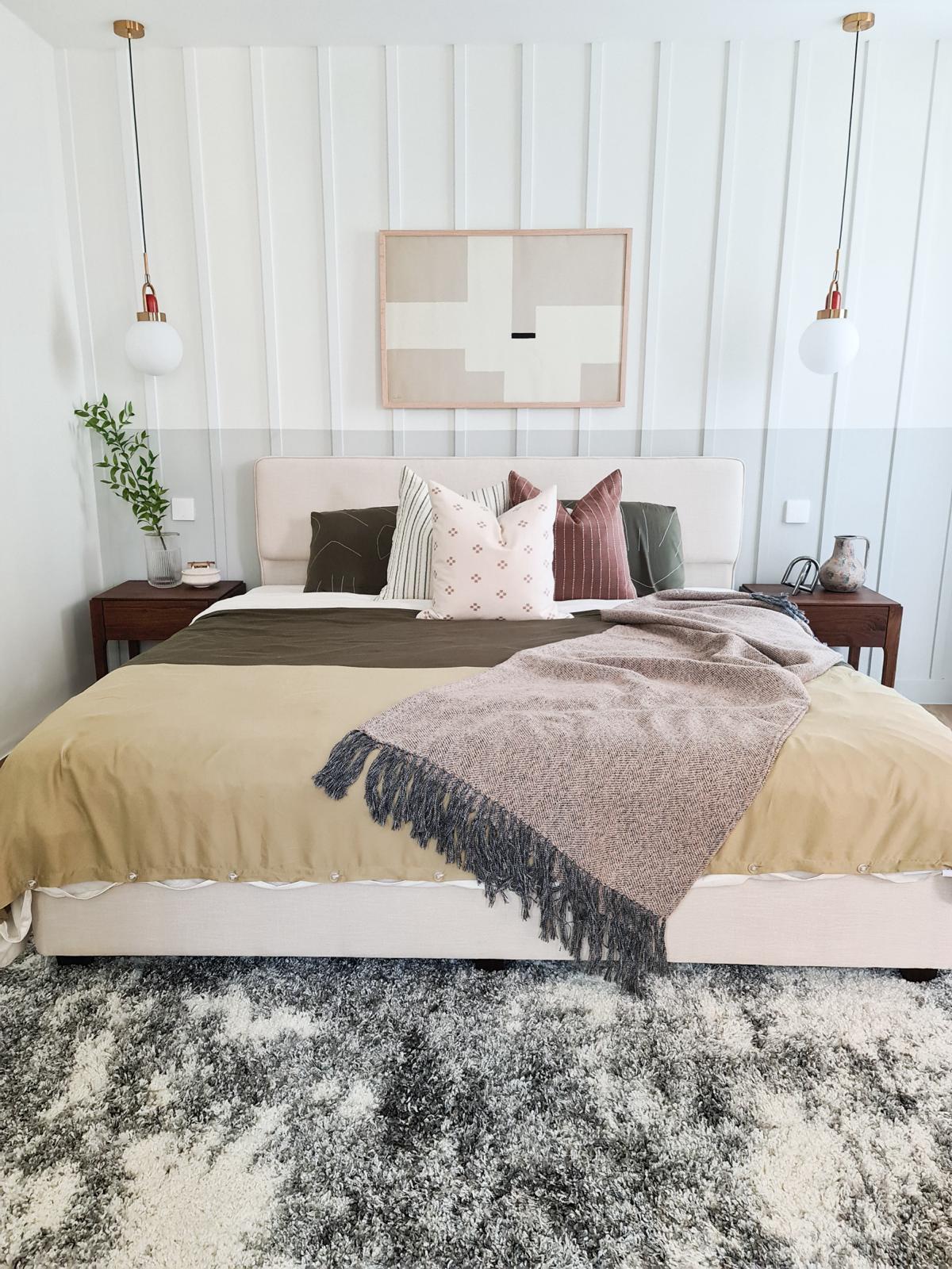 Our master bedroom : our sanctuary to rest and relax - modern bedroom, cozy bed, white walls, abstract art, geometric