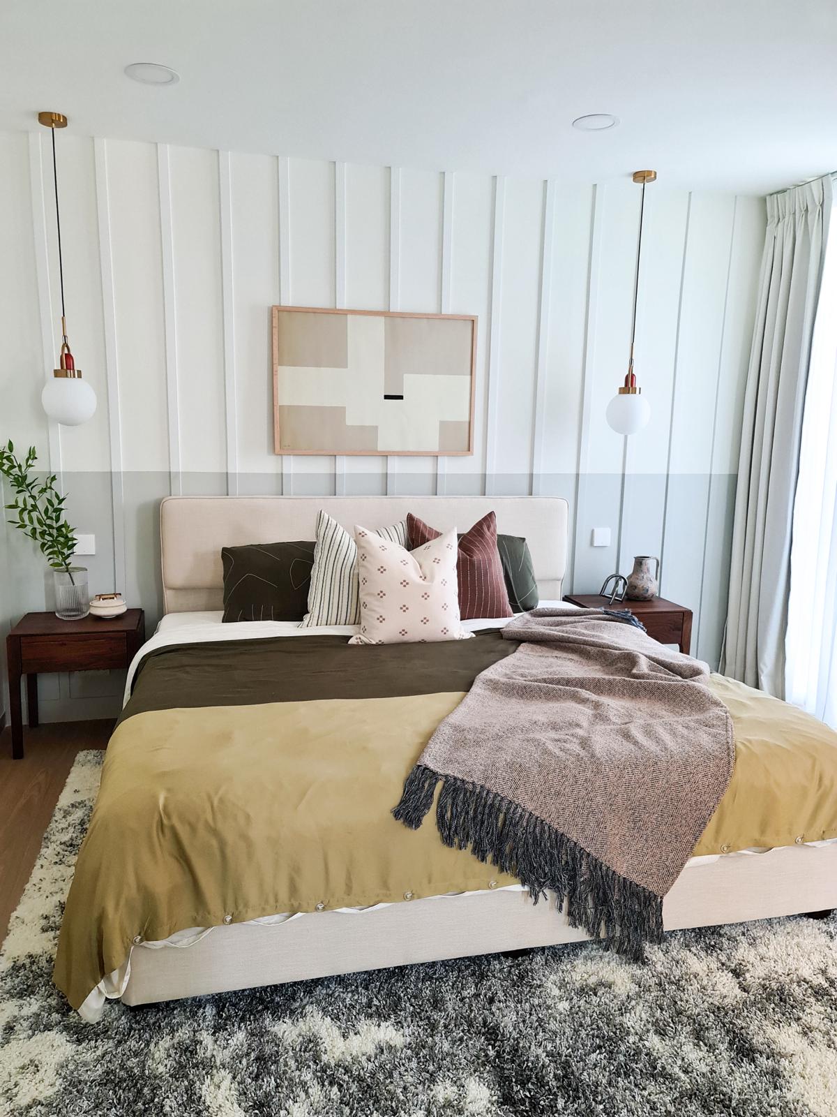 Our master bedroom : our sanctuary to rest and relax - modern bedroom, cozy bed, neutral color palette, geometric artwork