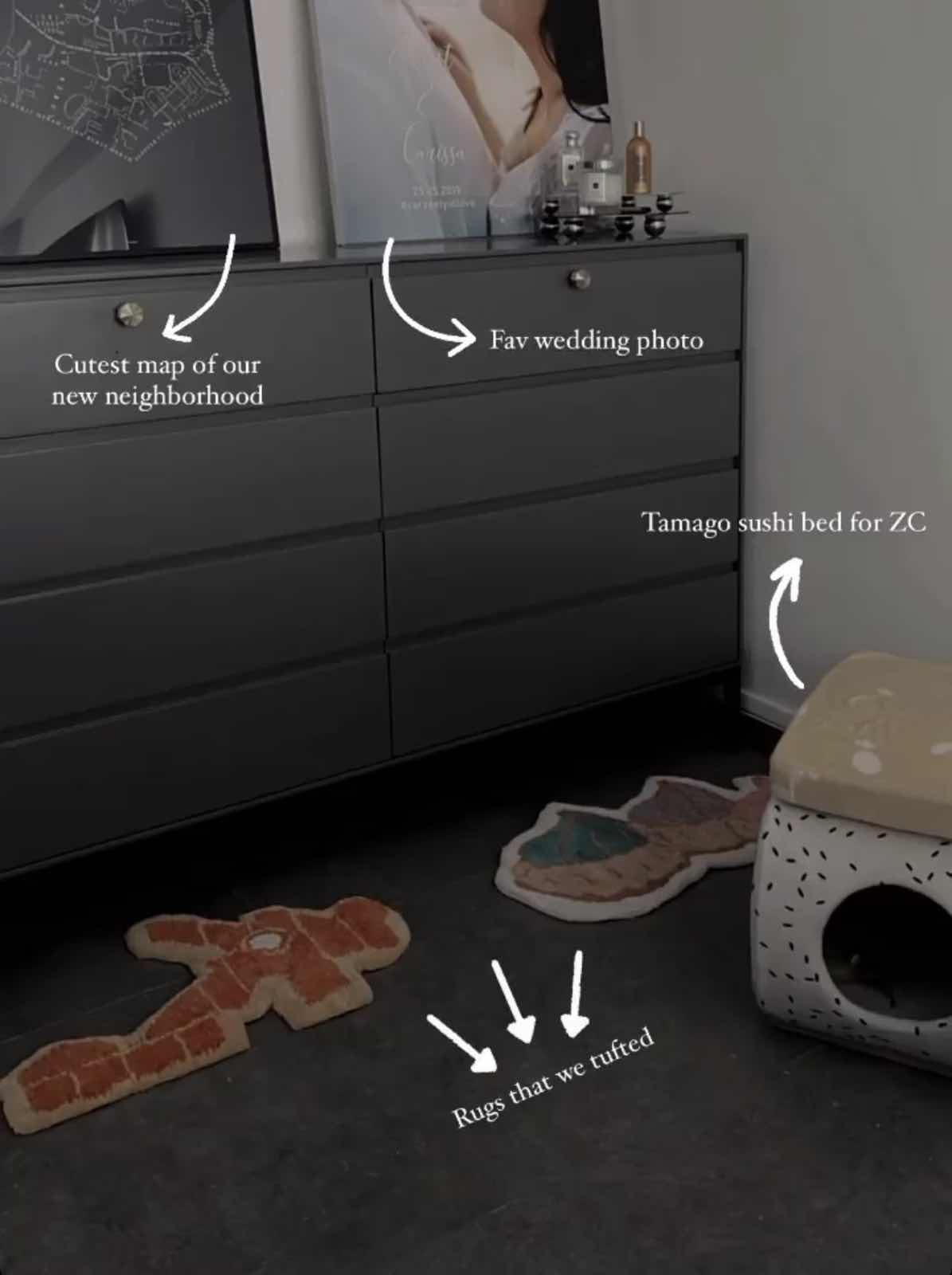 Pillow Talk: Bedroom of Decluttered Space & Mind - Cute map of our new neighborhood, Fav wedding photo, Tamago sushi bed for