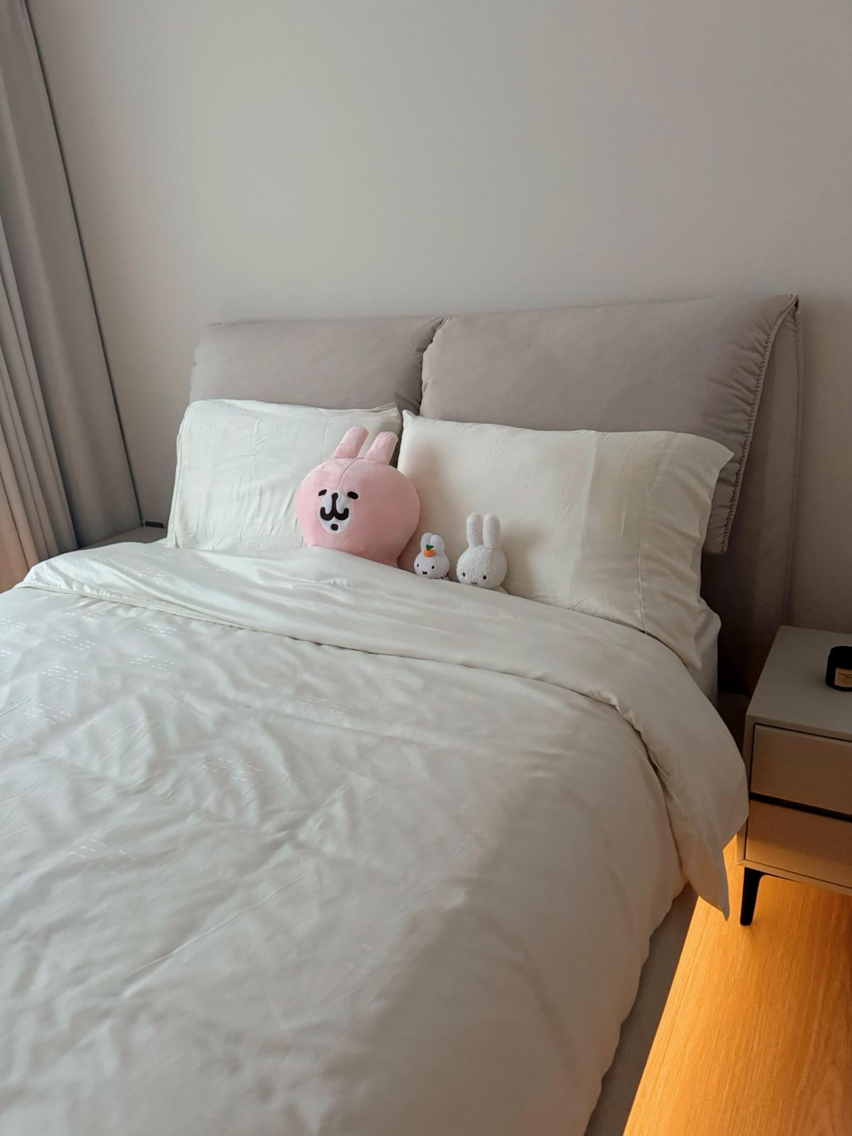 Our master bedroom: Clean and simple space to melt away stresses - Soft, cozy, minimalist, bed, white comforter, plush toys