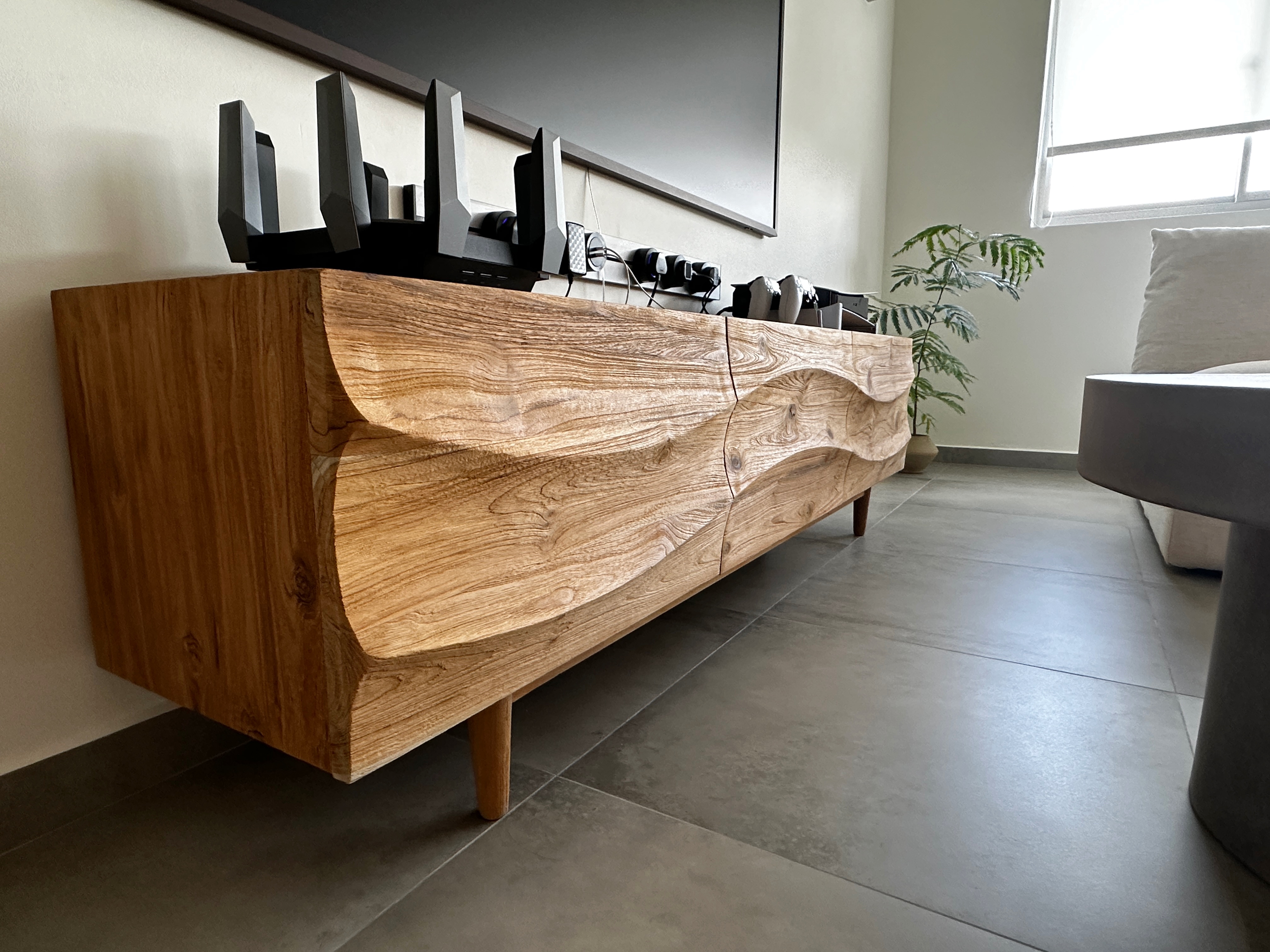 Living Room: Our Oasis with no built-in! - Wooden entertainment console, modern design, minimalist decor, sleek black