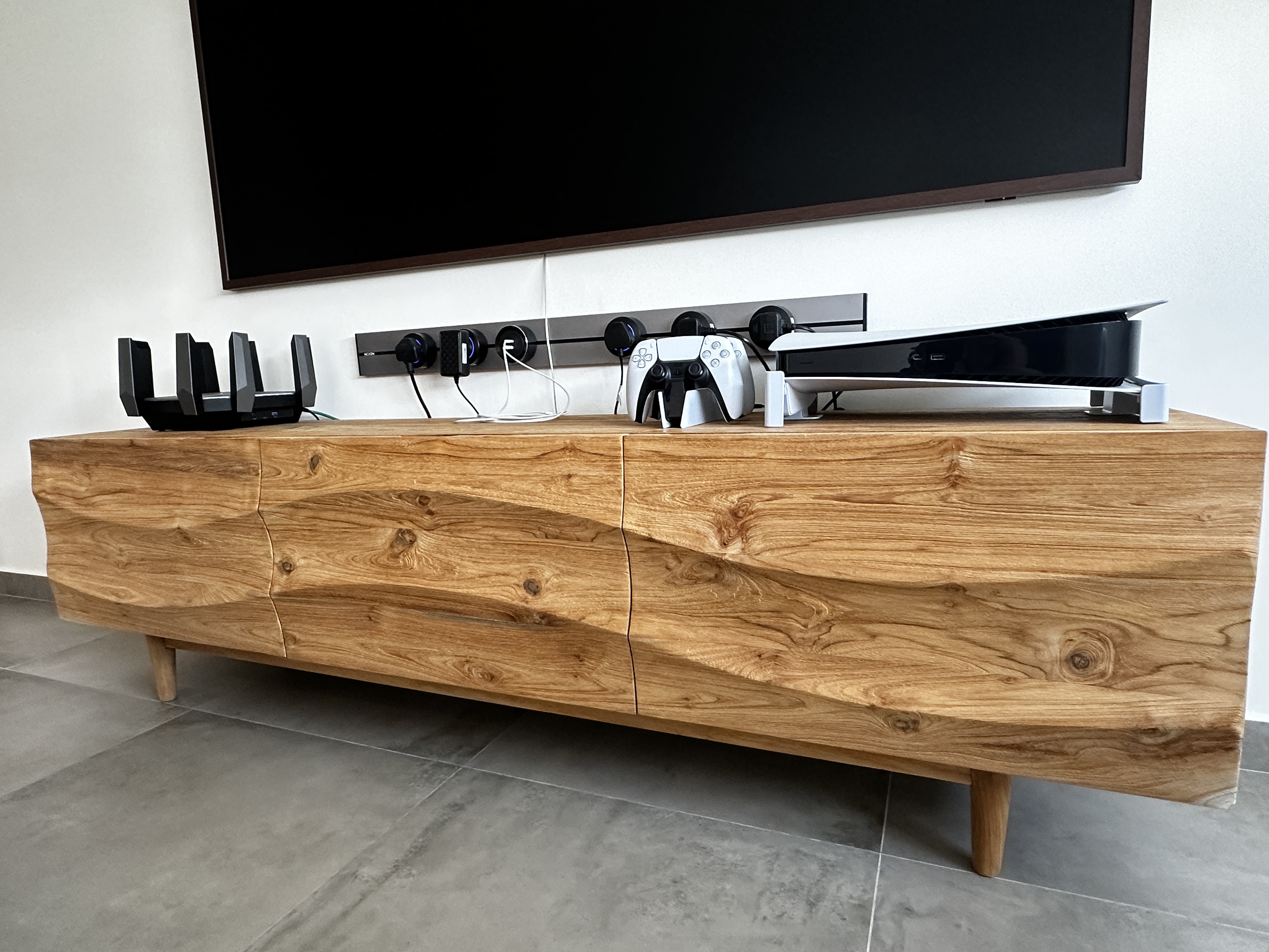 Living Room: Our Oasis with no built-in! - Wooden TV cabinet, modern entertainment setup, sleek black TV stand, gaming