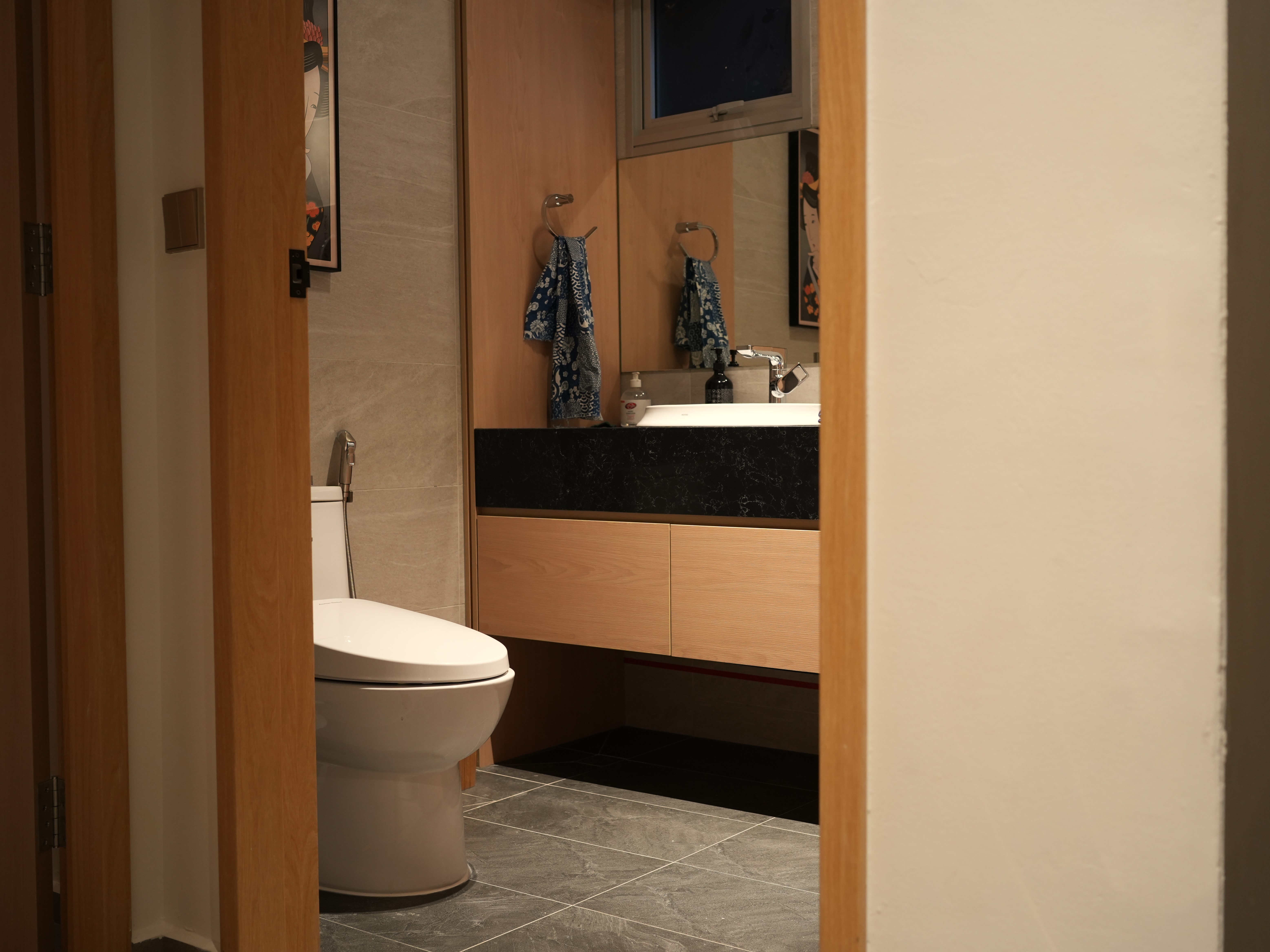 Costs: Financing Your Pinterest Moodboards Without Getting Divorced - Modern bathroom interior, wooden door frame, white