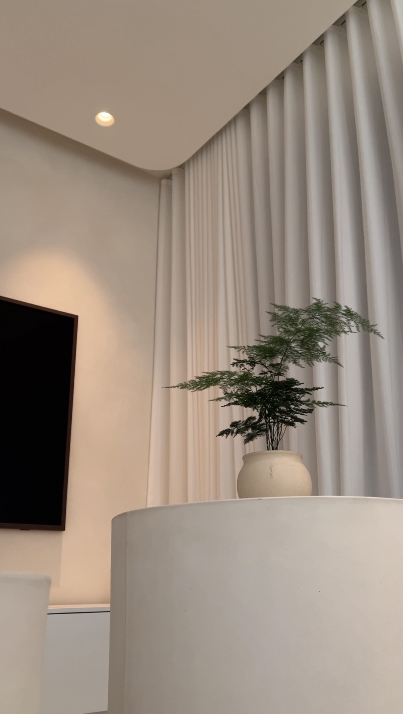 Our Creamy Home: A Home Design Diary  - Minimalist living room, modern decor, neutral color palette, large window, vertical