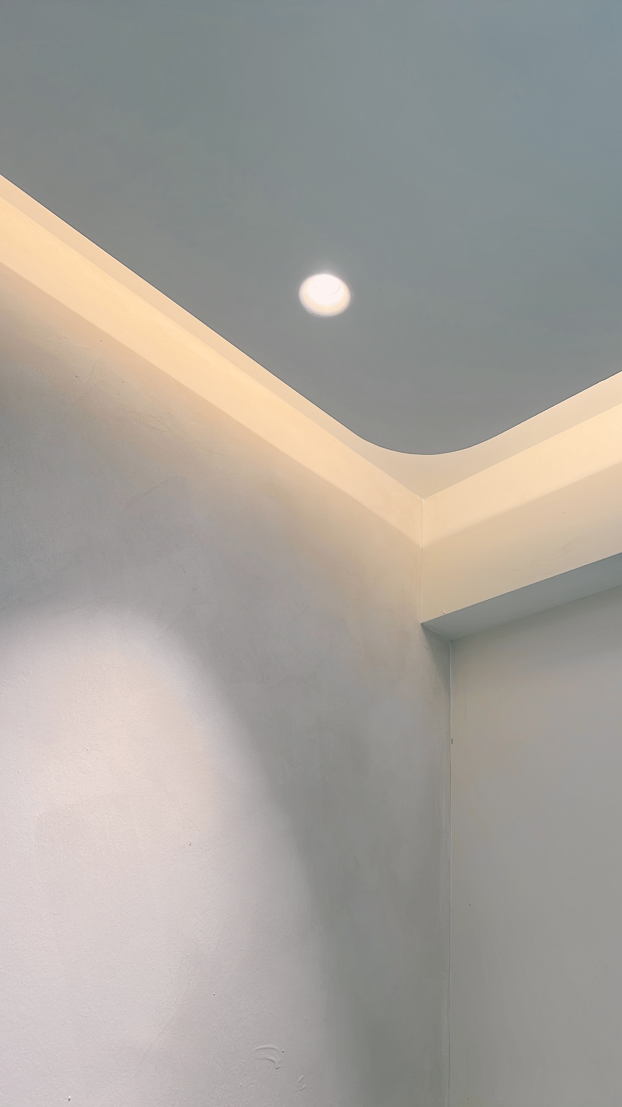 Our Creamy Home: A Home Design Diary  - Modern minimalist interior, clean white walls, soft ceiling light, recessed lighting