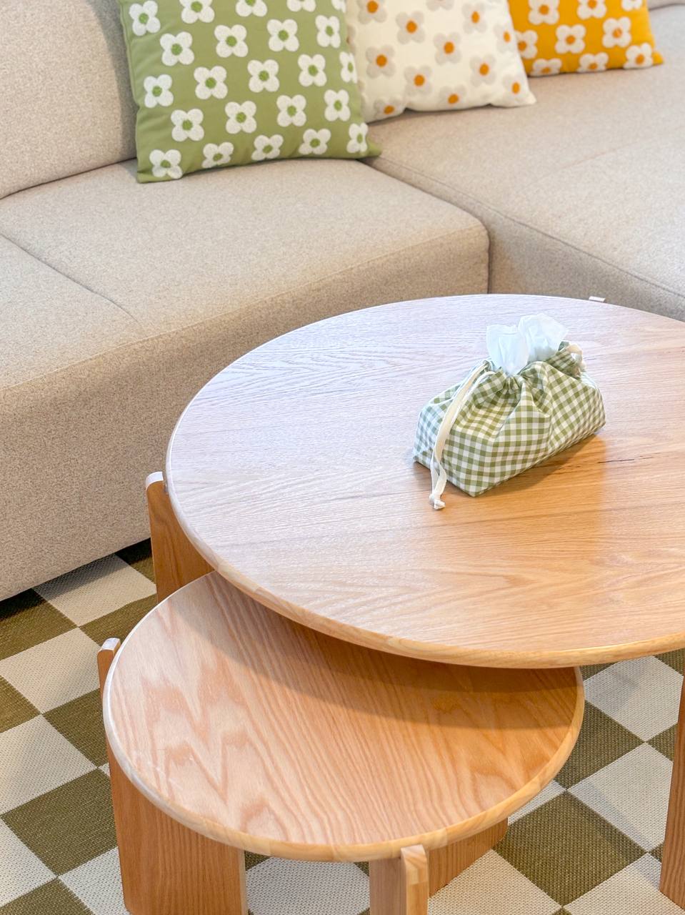 Our Living Room and It's Colours - Couch with decorative pillows, wooden coffee table, green and white checkered bag, round