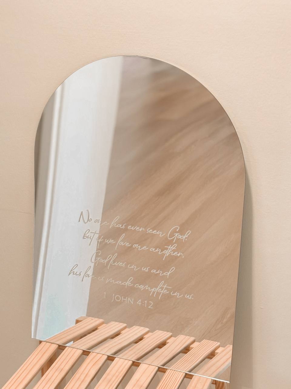 Our Living Room and It's Colours - Wooden bench with reflective surface, Mirrored wall with inspirational quote, Minimalist